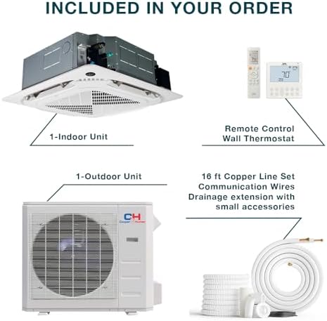 Cooper & Hunter 24,000 BTU Ceiling Cassette Ductless Mini Split Air Conditioner & Heat Pump – 22 SEER2 – Includes 16FT Installation Kit & Wall Thermostat – Cooling & Heating Inverter System