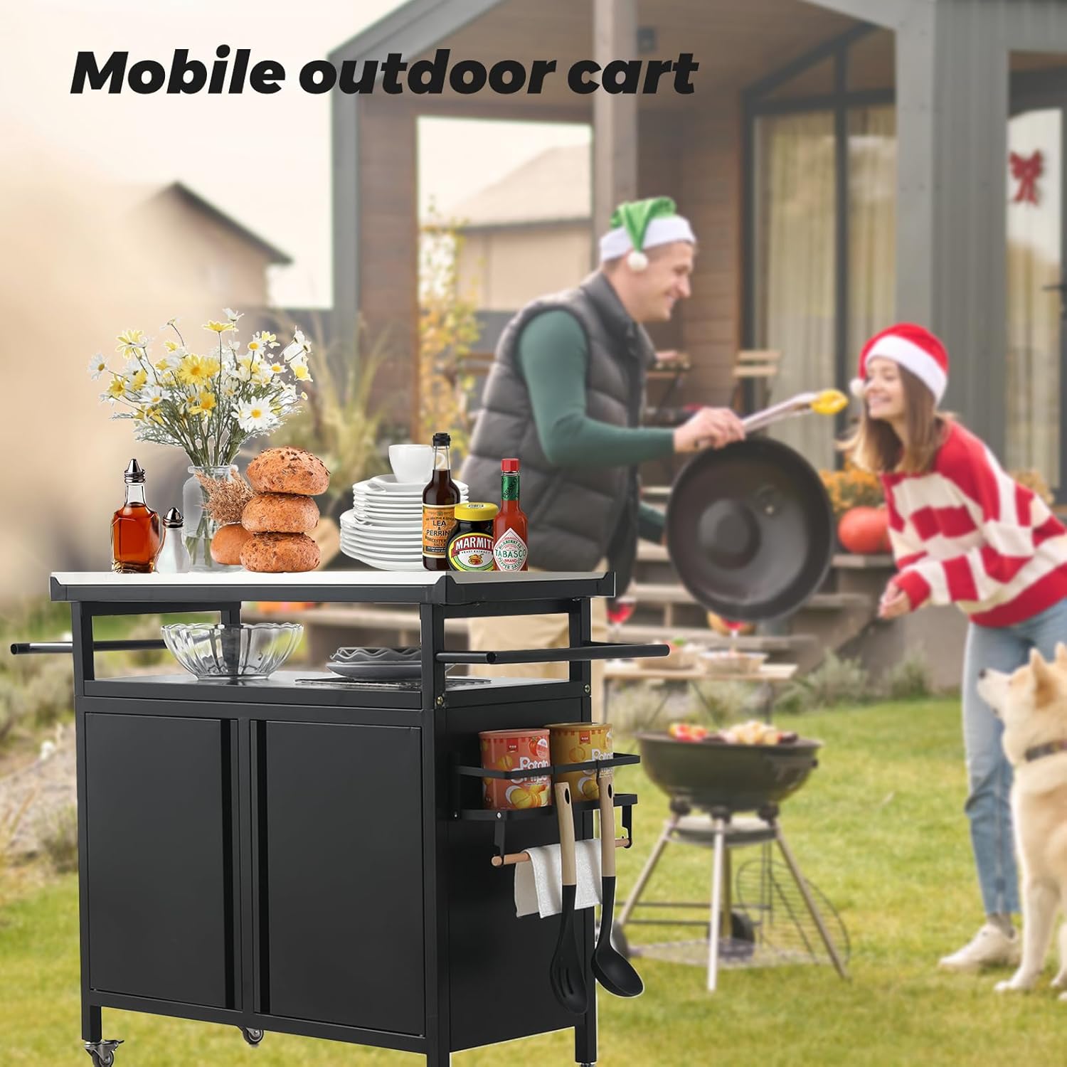 Nexaio XL Rolling Bar Grill Cart Outdoor Patio Furniture, Outdoor Grill Table with Stainless Steel Top for Kitchen Prep and Outdoor Storage Cabinet for Grilling Accessories, Black