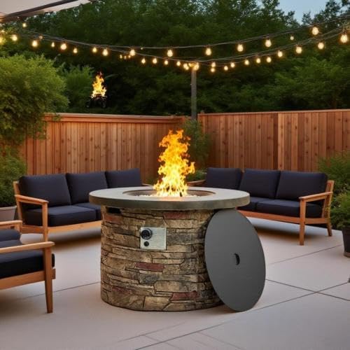 36'' Propane Gas Fire Pit Table, 50000 BTU Round Concrete Fire Pit for Outside Patio Deck Garden Backyard - Sandston