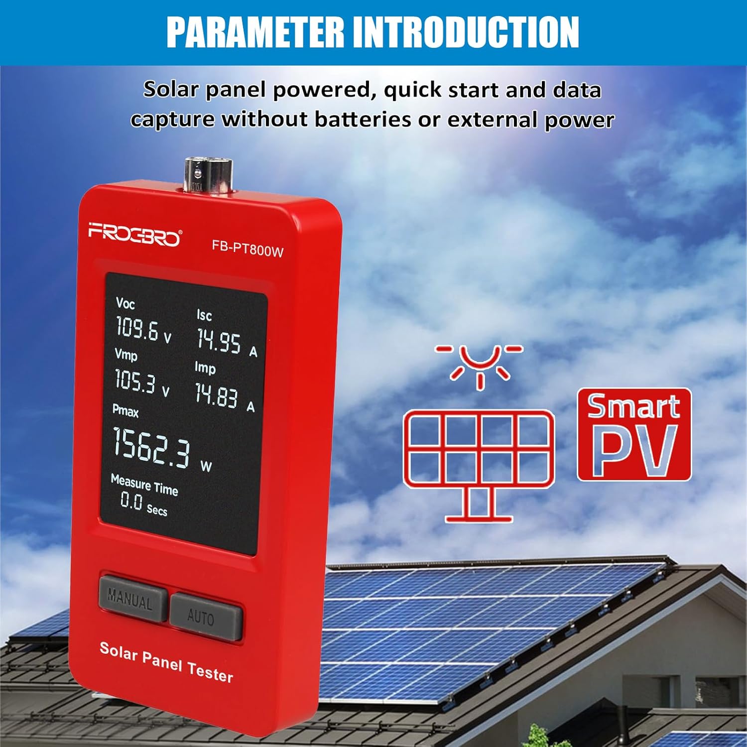 FrogBro 1800W Solar Panel Tester – PV Multimeter with Smart MPPT & HD OLED Display for Solar Panel Diagnostics and Data Analysis