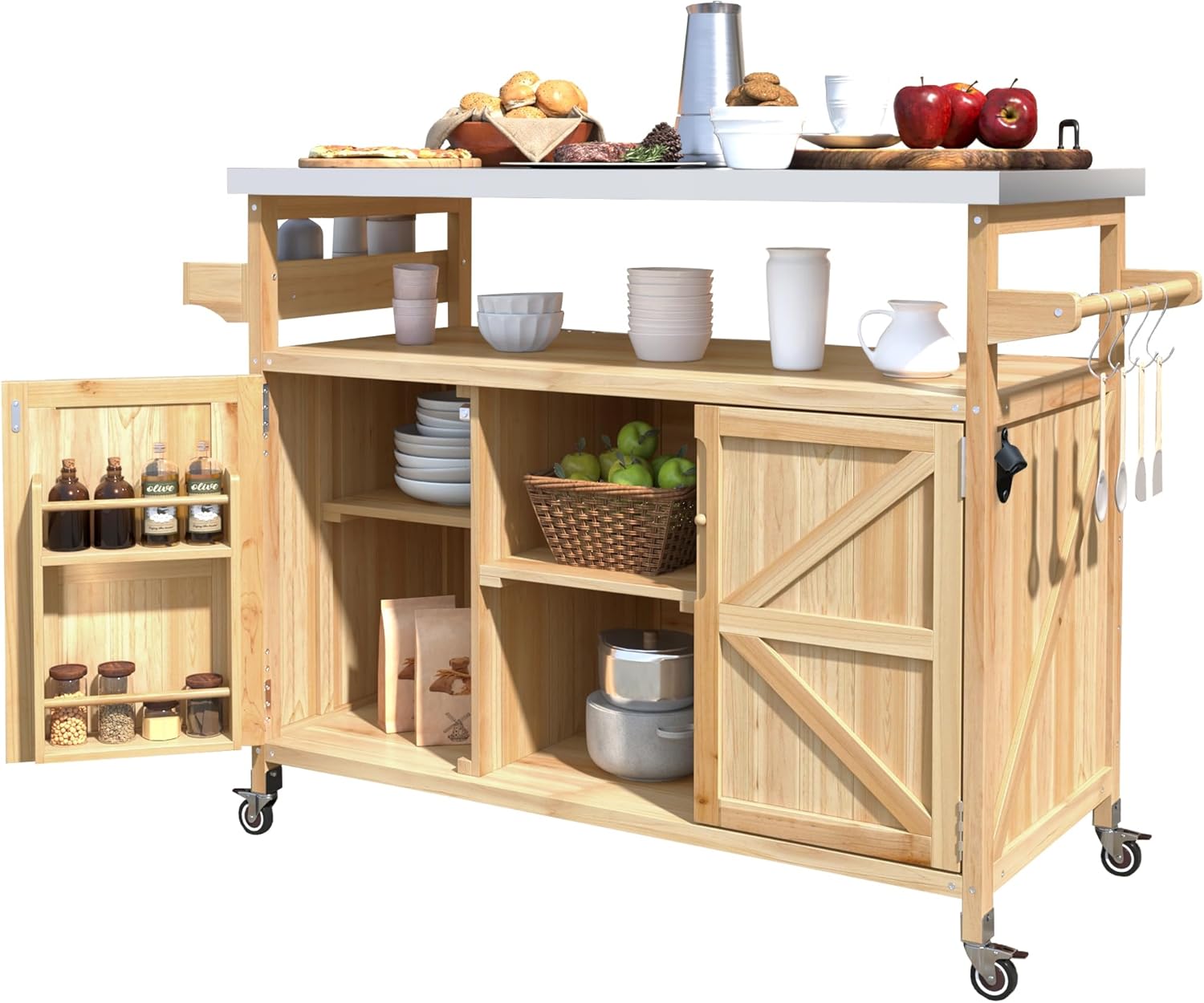 LUMISOL Outdoor Kitchen Island with Stainless Steel Top & Storage Cabinet, Farmhouse Solid Wood Grill Table with Internal Storage Rack, Outdoor Bar Cart with Spice & Towel Rack, Natural