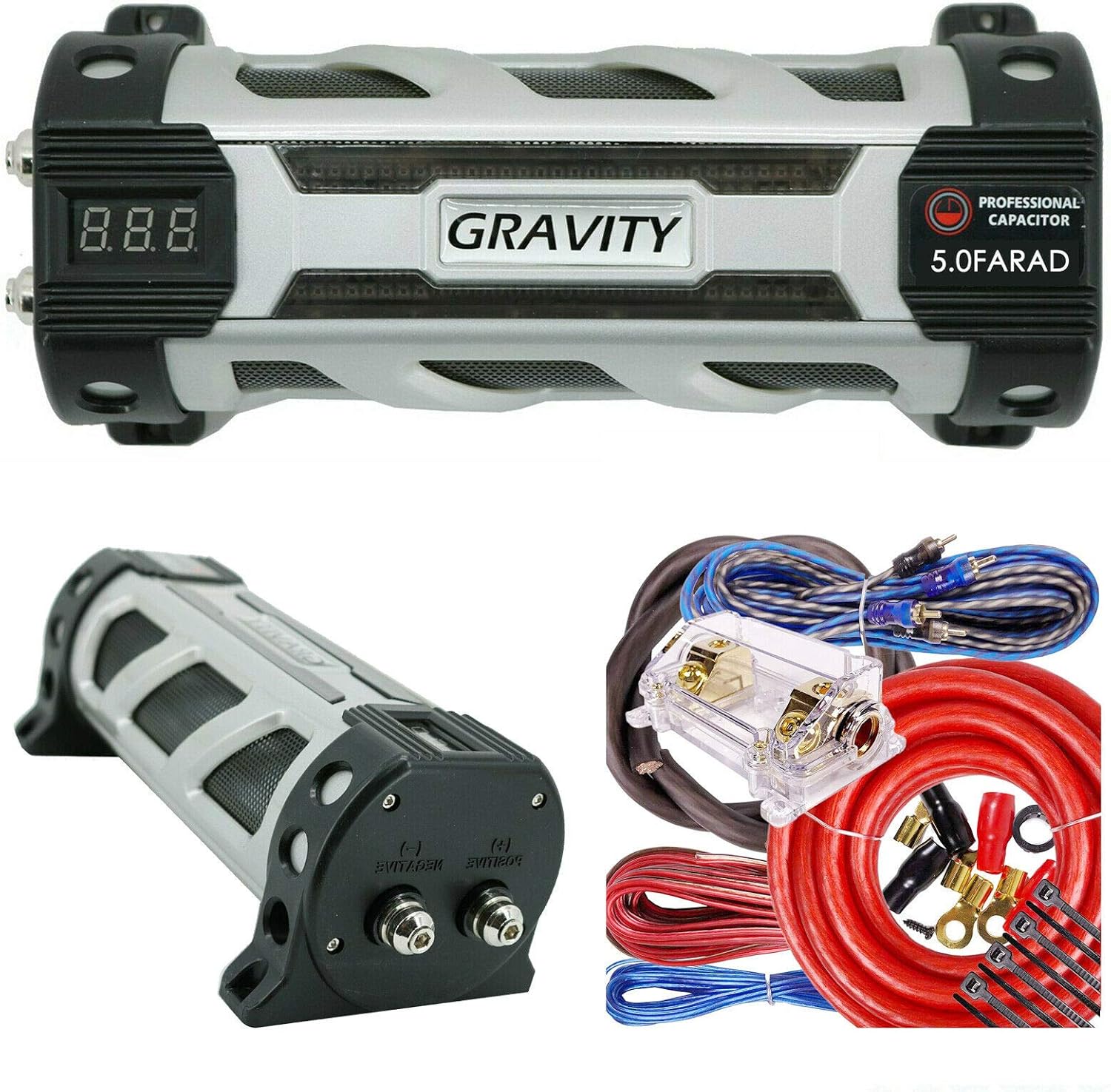 Gravity GR5.0 Car Audio Battery Stiffening Portable Power 5 Farad Capacitor and Completed 5000 Watts 0 Gauge Amplifier Installation Wiring Kit Red BGC0XLR