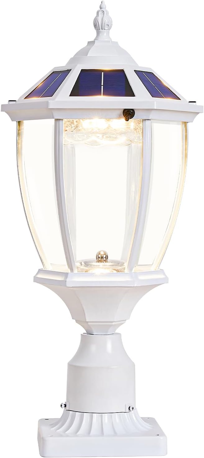 Dusk to Dawn Solar Lamp Post Light with Waterproof, Oil-Rubbed White Solar Pillar Lights with Clear Glass, Aluminum Exterior Pier Lamps for Patio Yard Pathway