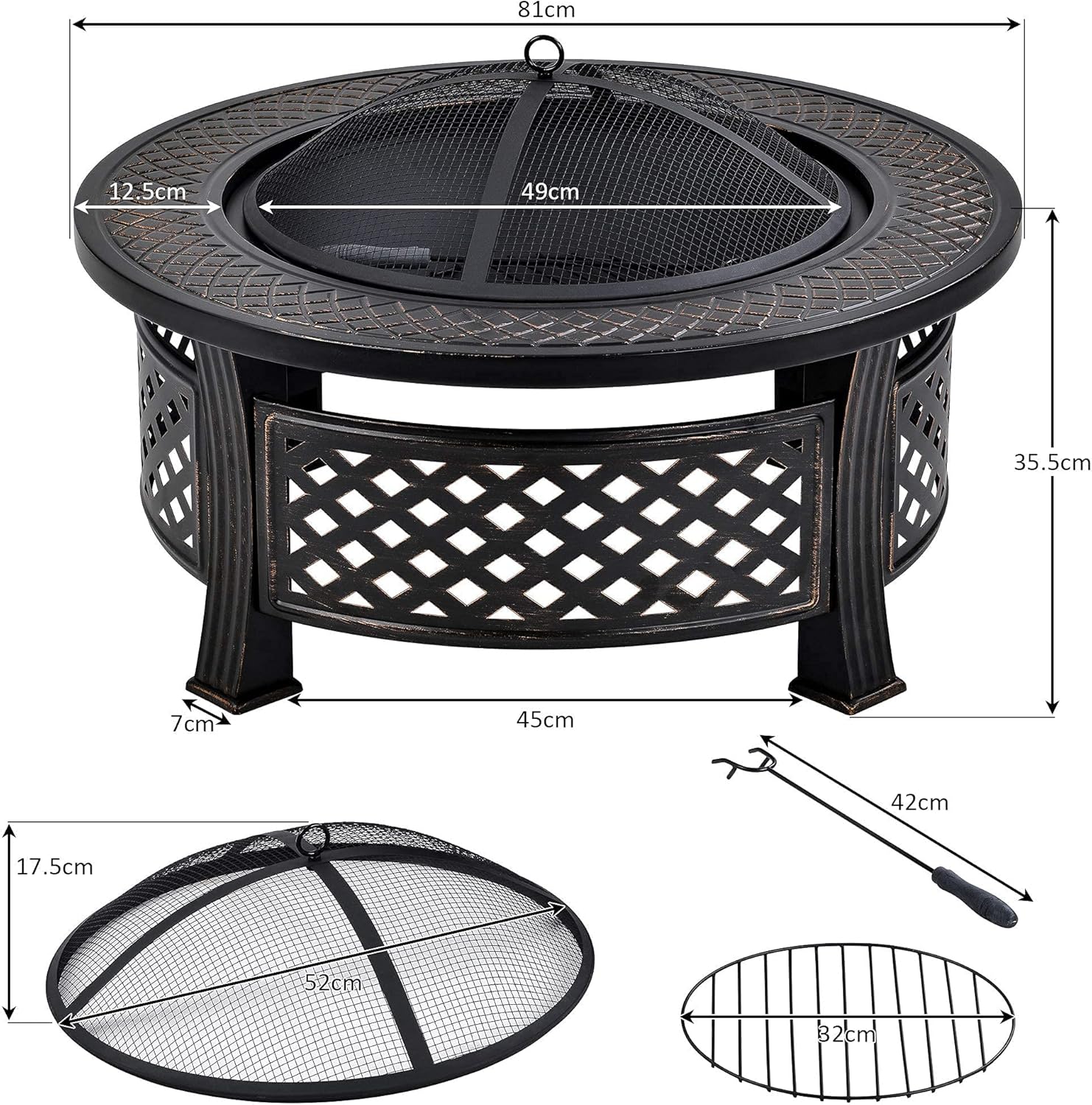 Garden Fire Pit Outdoor Fire Pit, Metal Fire Bowl with Charcoal Fork/Charcoal Grid/Mesh Cover, Grill Camping Bonfire Grill Barbecue Rack