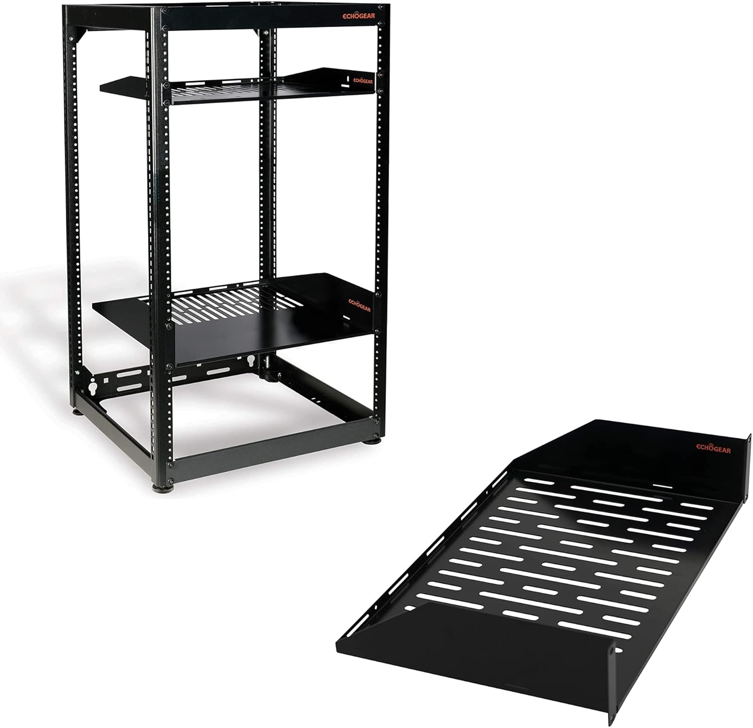 ECHOGEAR 20U Open Frame Rack with Additional 2U Shelf Bundle - Comes with 20U Rack, 1x 1U Shelf, 2X 2U Shelves Shelf + Other Accessories