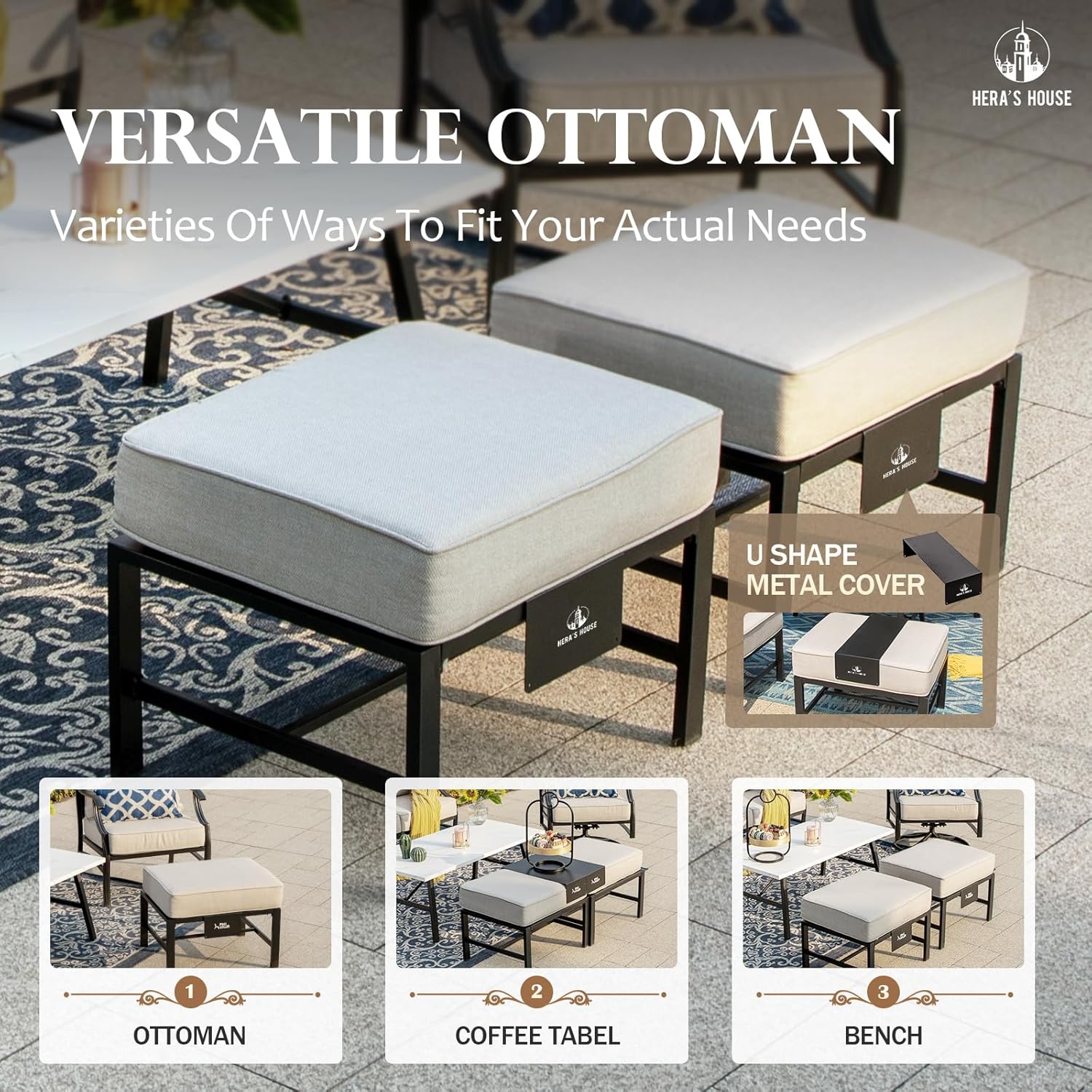 HERA'S HOUSE 6 Pieces Patio Furniture Set with Fire Pit Table, 2 x Rocking Chair, 2 x Ottoman, 3-Seat Sofa with 46