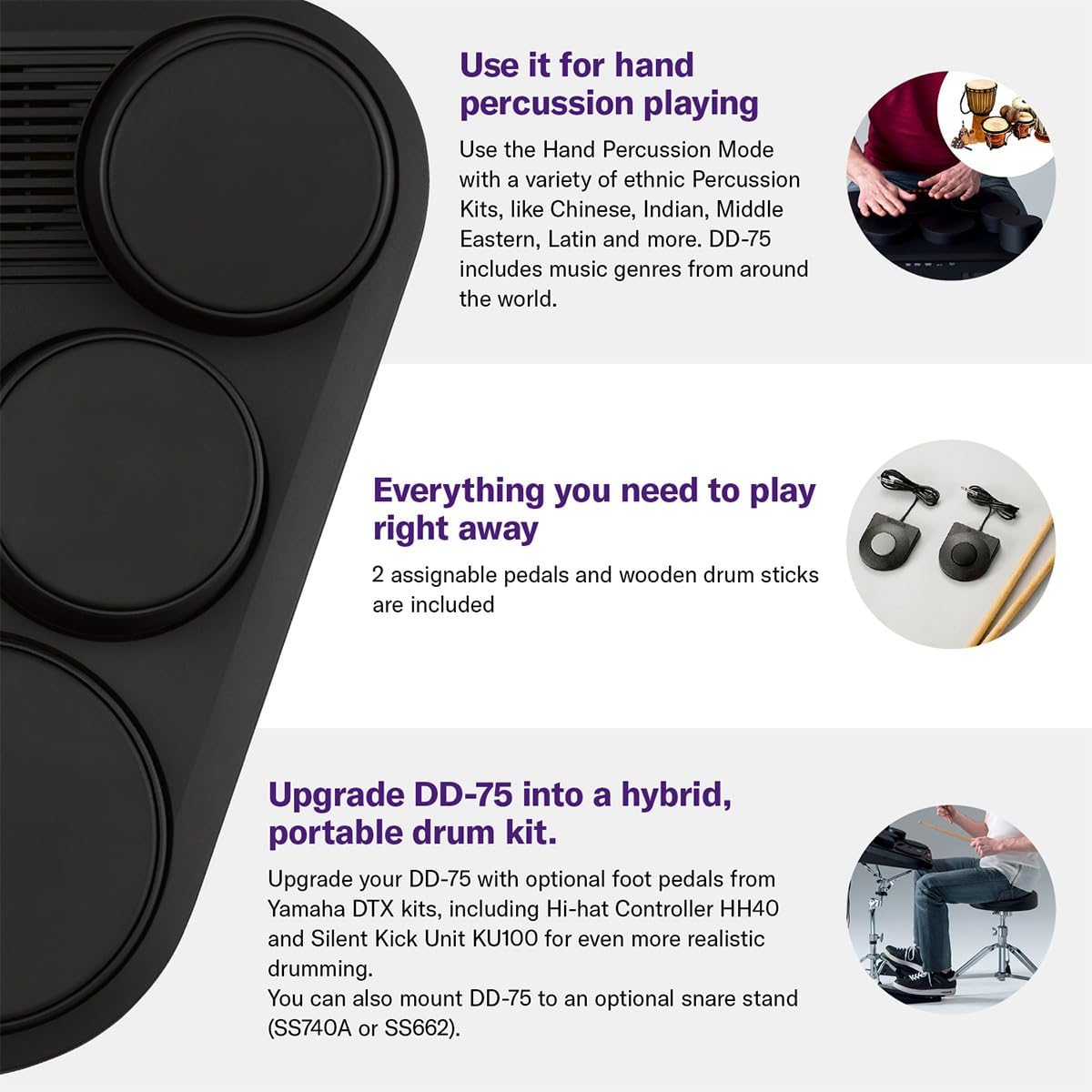 Yamaha DD75 Portable Digital Drums with 2 Pedals, Drumsticks and PA130 Power Adapter