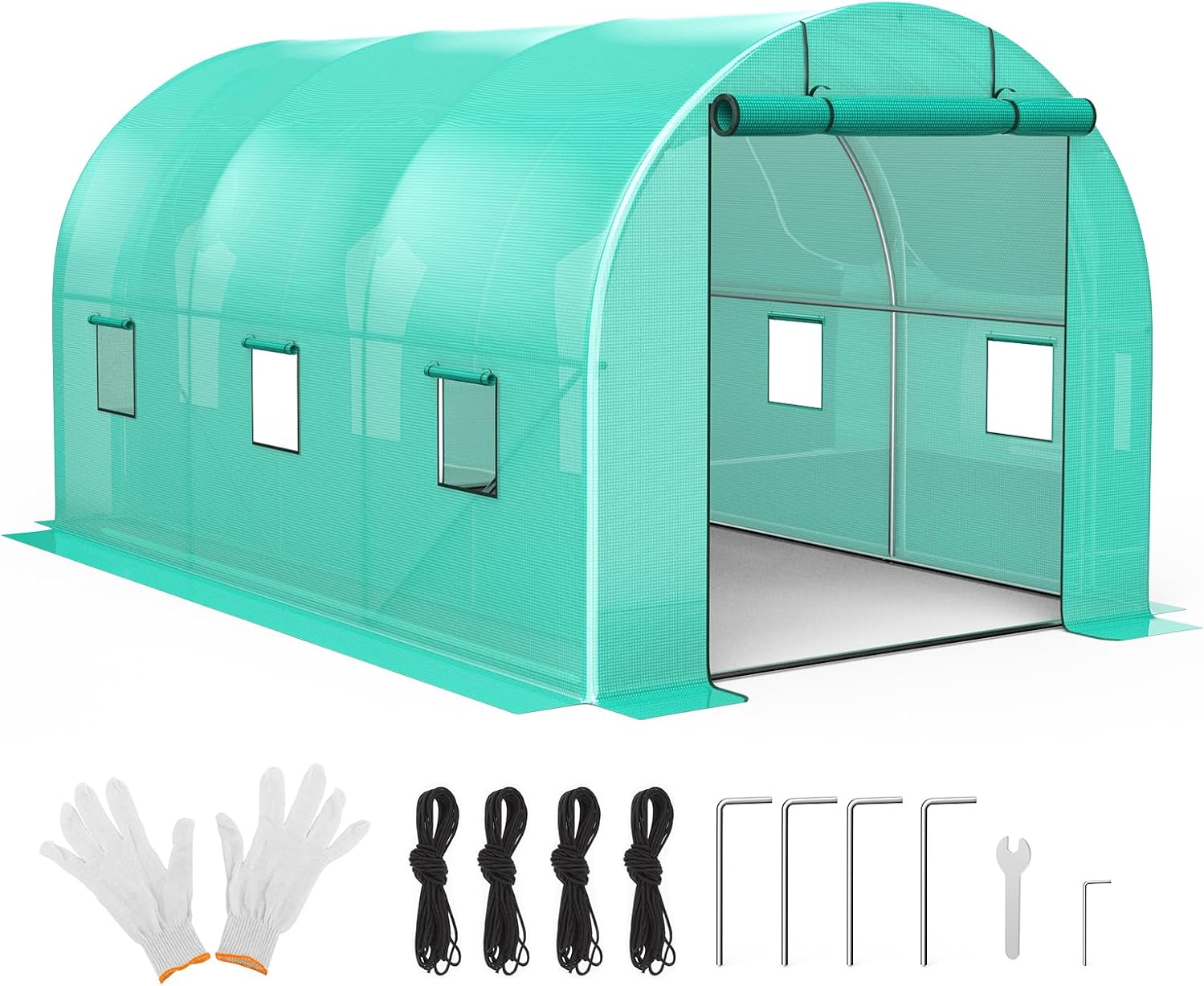 GarveeLife 13x8x7 ft Walk-in Tunnel Greenhouse, Garden Plant Hot House for Outdoors Vegetables Plants, Galvanized Steel Frame Green PE Cover Warm House with 6 Mesh Windows & 2 Roll-Up Zipper Doors
