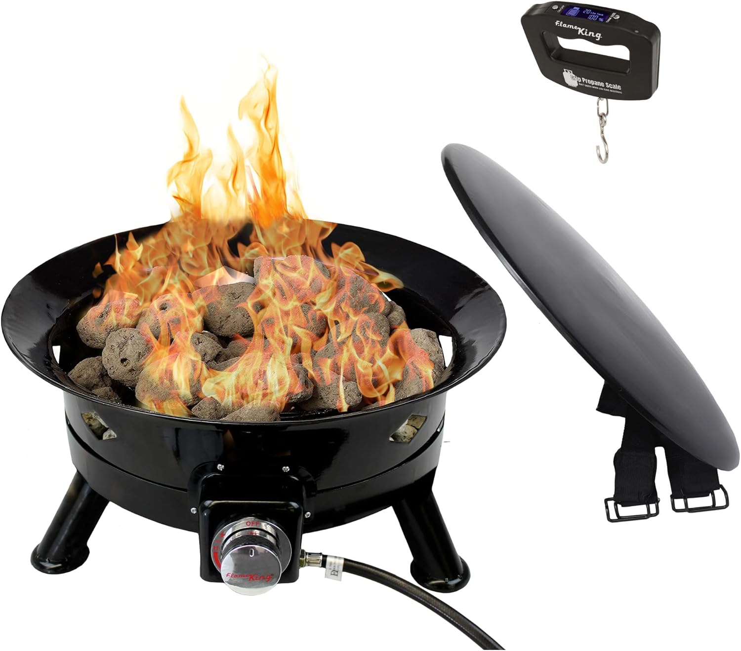 Flame King Smokeless Portable Propane Fire Pit Bowl, 24 inches, 58K BTU with Propane Grip Scale, Self Igniter, Cover, & Carry Straps for RV, Camping, & Outdoor Living