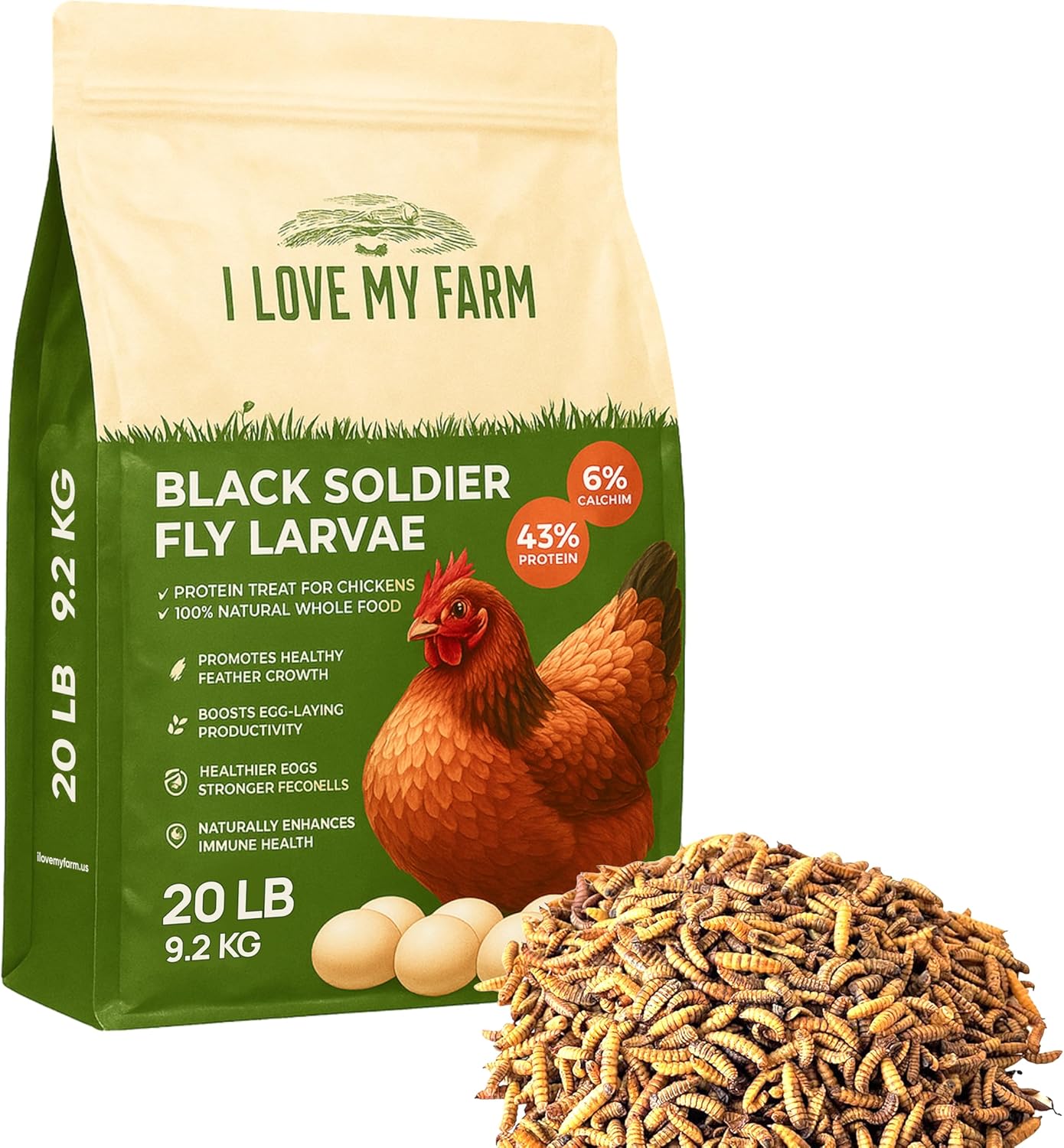 I LOVE MY FARM 20 Lb Dried Black Soldier Fly Larvae, More Calcium Than Dried Mealworms, High Protein Chicken Feed, Poultry Treat BSF Larvae