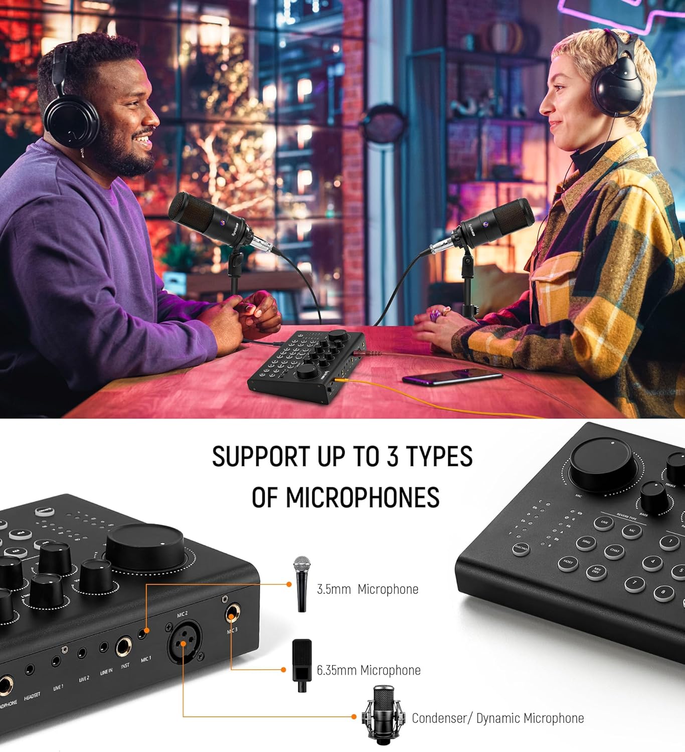 Synido Wireless MIDI Pad Controller & Podcast Equipment, Audio Interface for Podcasting with Pro-preamp, 48V Phantom, 9 Customize Sound Pads