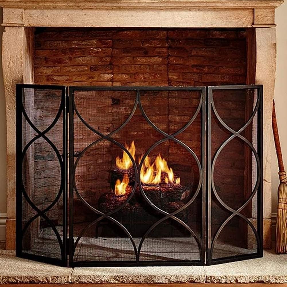Spark Protection Fire Spark Guard Screen Baby Proof 3 Panel Fireplace Screen Guard, Black Foldable Spark Guard Fire Pit Screens with Metal Mesh, 49x12x33 Inch,