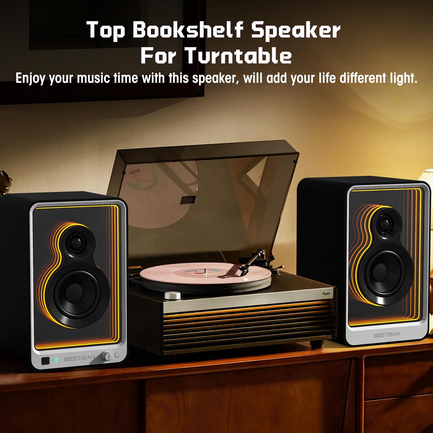 BESTISAN 50W*2 Active Bookshelf Speakers with Dynamic Light Effect, 3
