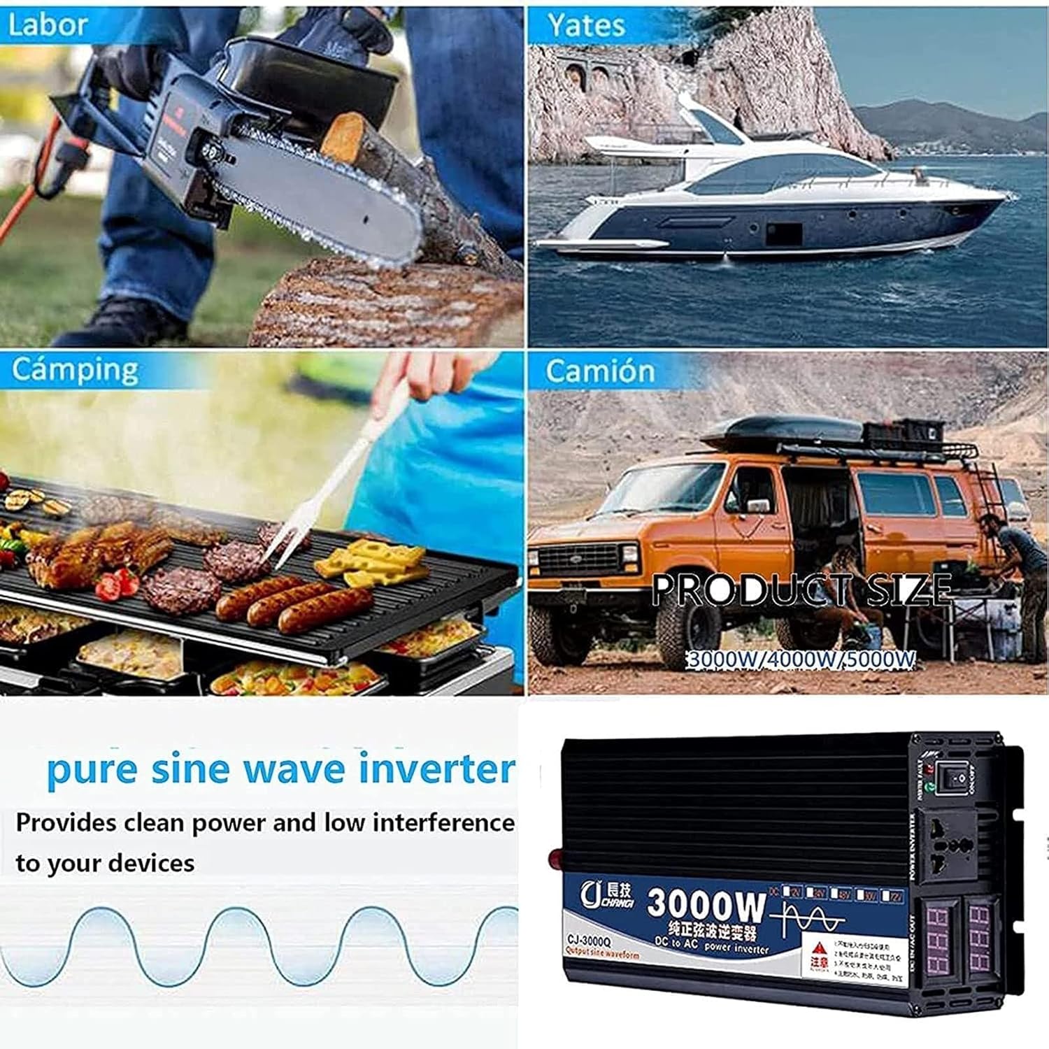 Power Inverter Pure Sine Wave Inveter 3000W 4000W 5000W 12V/24V/48V/60V DC to 110V/220V AC Car Inverter Outlets with eUSB Port Two Cooling Fans Suitable for Cars Camping 3000W-12Vto110V(60vto110v,3000