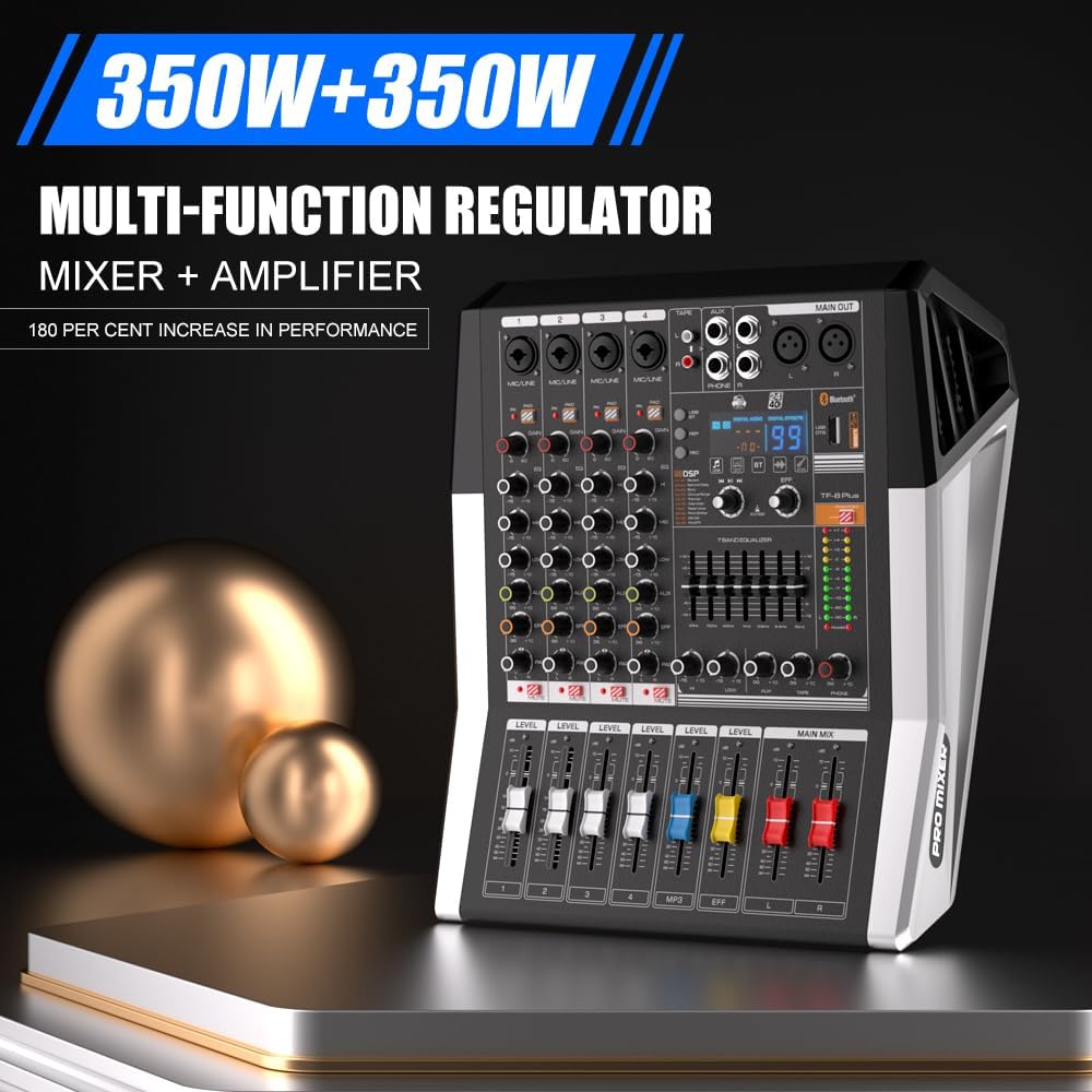 TF400 Dj Mixer 4 Channel Audio Mixer Bluetooth Sound Bar with Power Amplifier 2 * 350W Power Output Powered Mixer USB Audio Interface Sound Mixer with 99 DSP FX Reverb Effects for Streaming Media