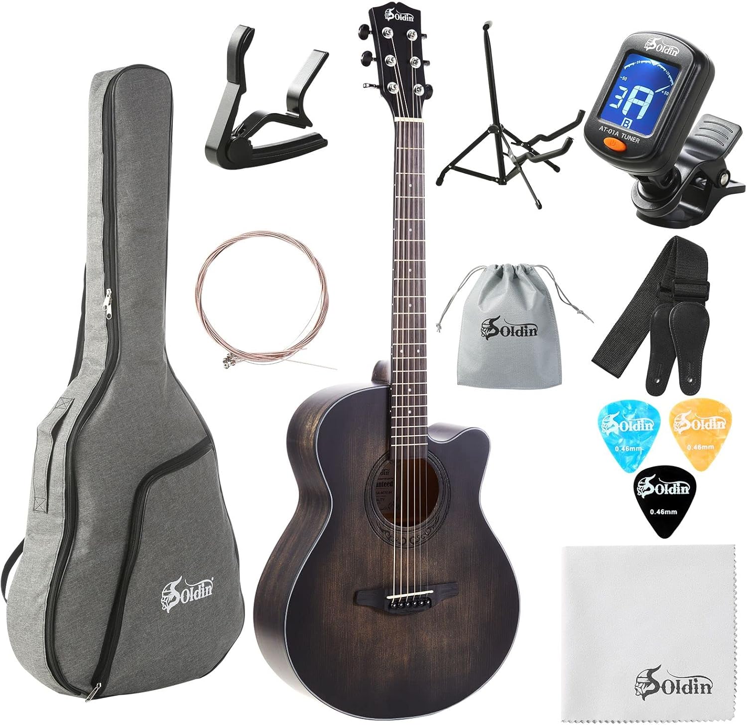 40 Inch Acoustic Guitar Premium Solid Spruce Top Cutaway Acustica Guitarra Bundle kit With Gig Bag,Guitar Stand,Tuner,Strap,Capo,Strings,Cleaning Cloth and Picks(Silent black)