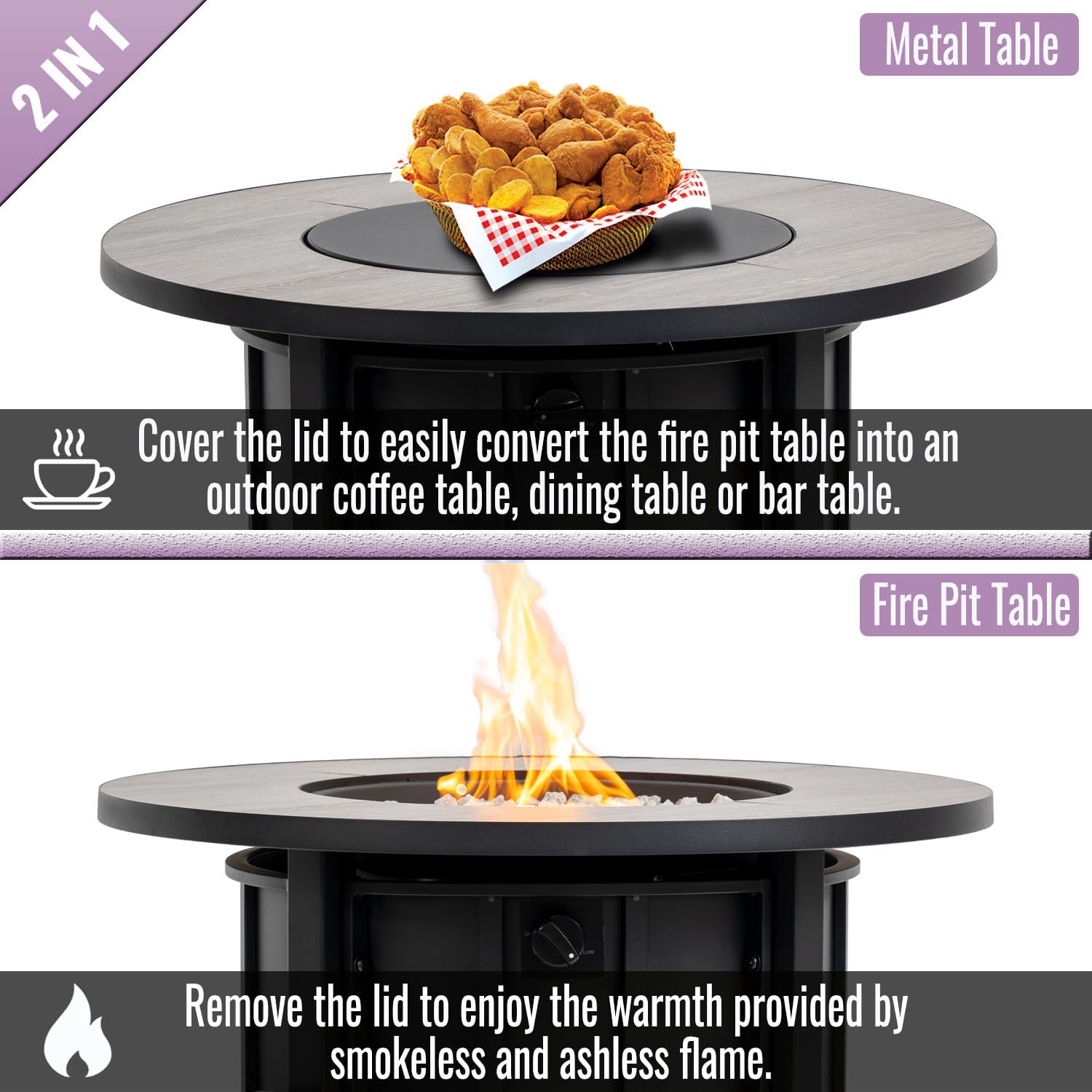 30 Inch Outdoor Fire Pit Table, 50000 BTU Round Steel Propane Fire Pit with Wood Grain Ceramic Tabletop Wide Top Surface, Smokeless Fire Pits for Outside Patio, Garden&Backyards Heating, Coffee Table