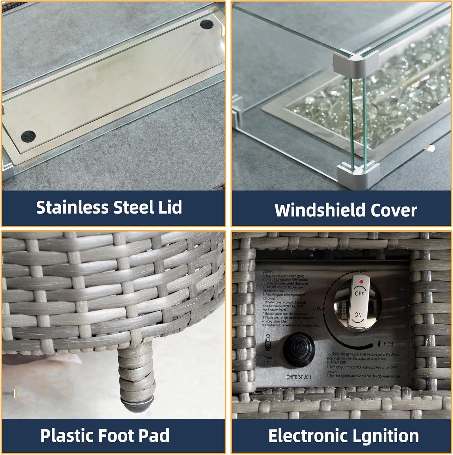 Height Adjustable Fire Pit Table, 2-in-1 Design with 50,000 BTU Burner, Brown Rattan Wicker, 19.68-28.34 inch Adjustable Height, Glass Wind Guard (Grey)