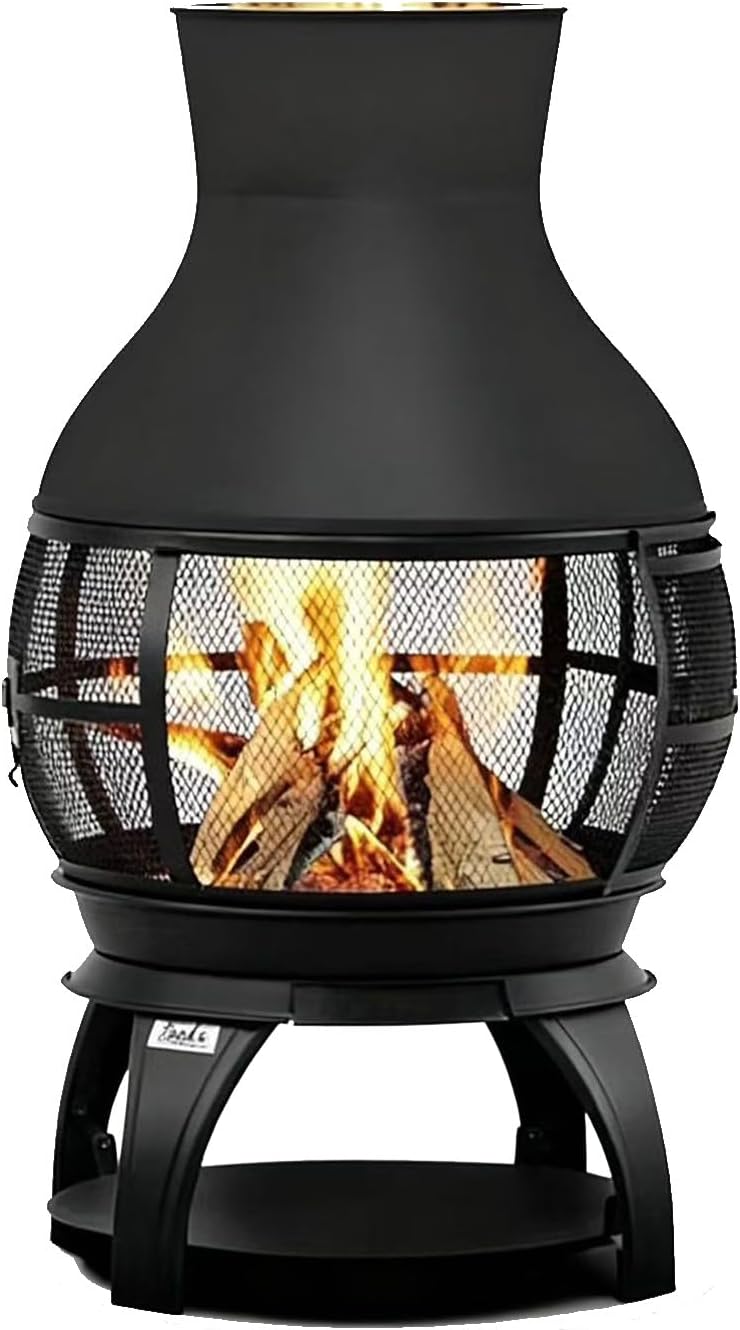 Outdoor Wood Burning Fire Pit with Chimney, Black Steel, Round Patio Fireplace with Stand Customized (Black)