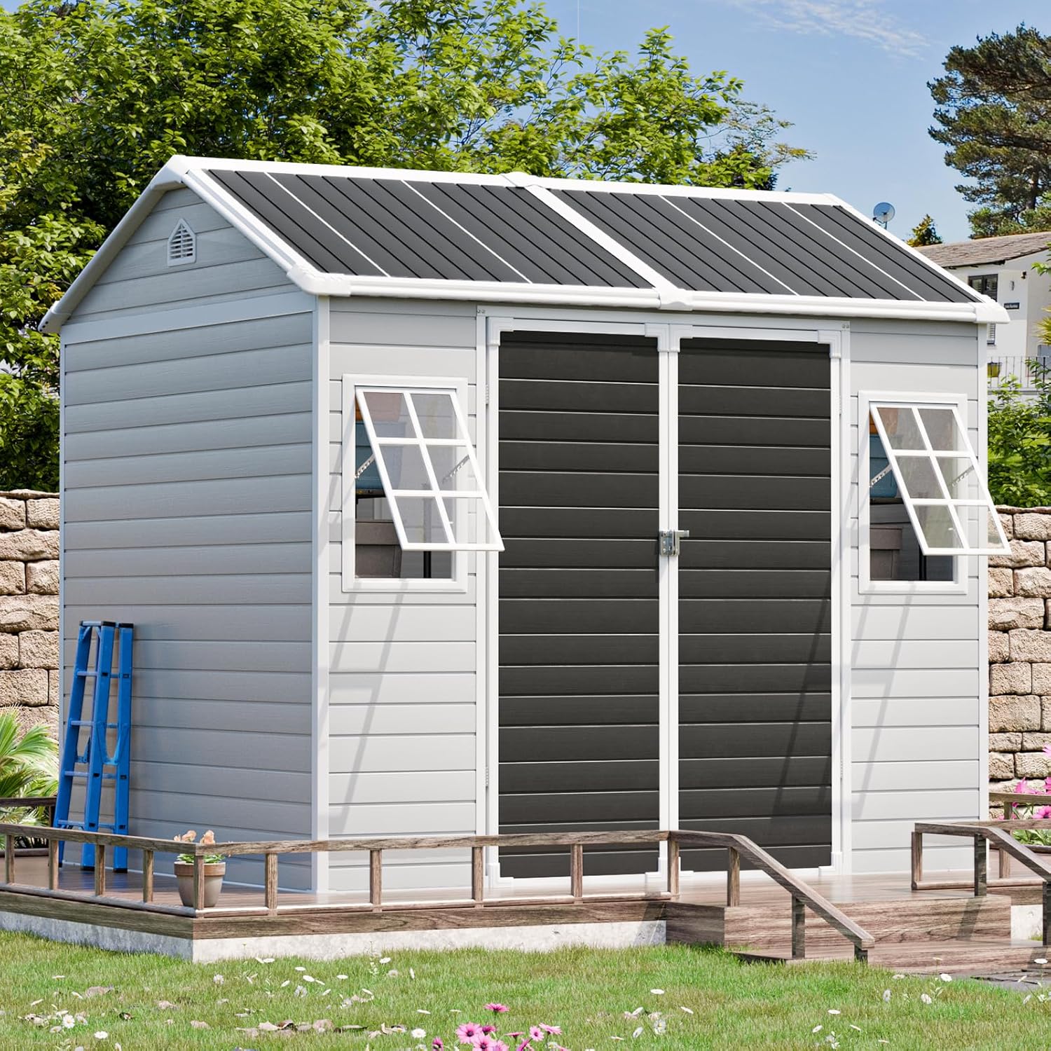 CDCASA 8x6 FT Resin Storage Shed, Waterproof Large Outdoor Sheds with Floor & 2 Adjustable Openable Windows Included, Outside Plastic Tool Shed for Backyard Patio Poolside Garden Lawn