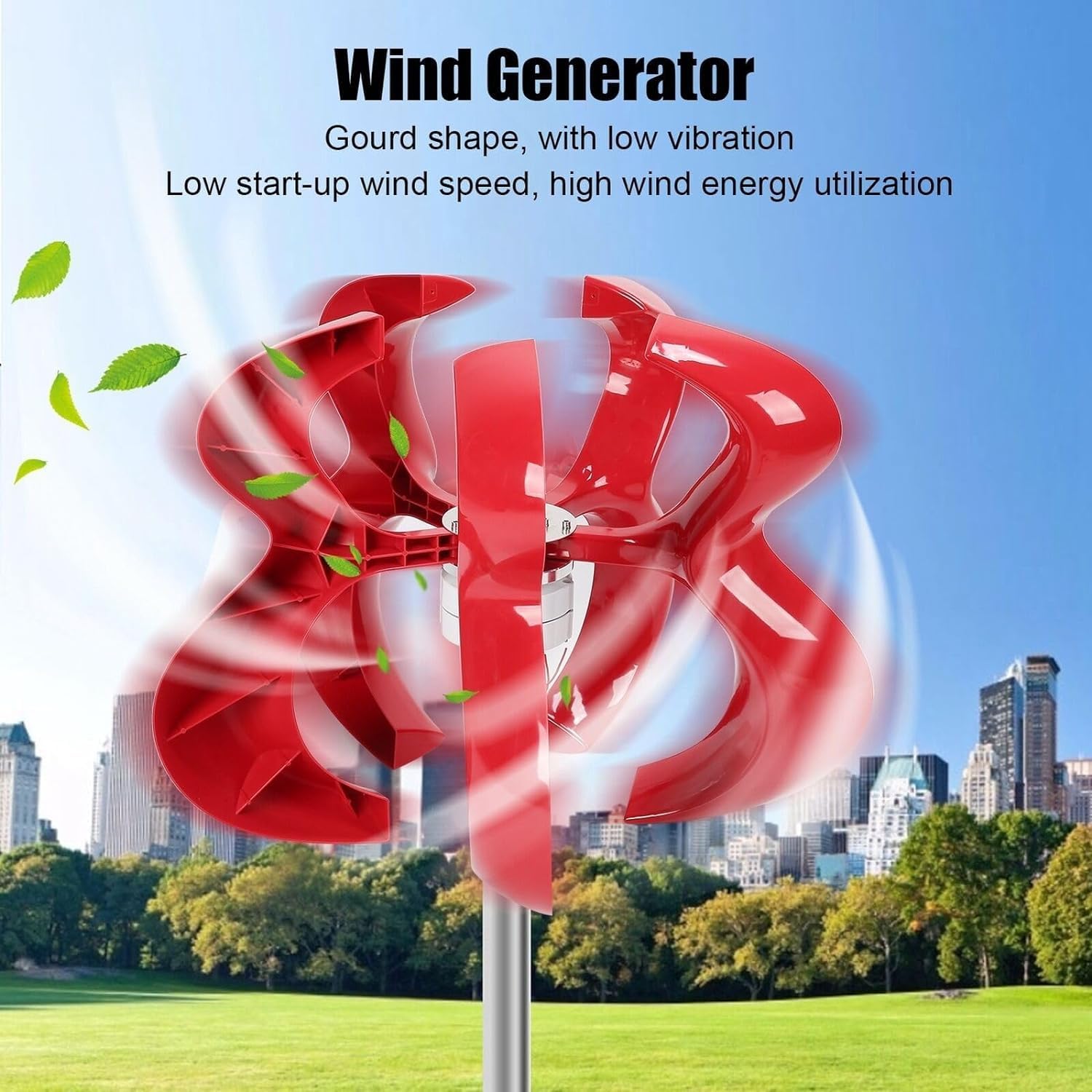 CAJUCA 9000W 5 Blade Hoist Wind Turbine Vertical Axis Wind Turbine Red Gourd Shape Low Wind Speed Starting AC with Controller and Solar Garden Light