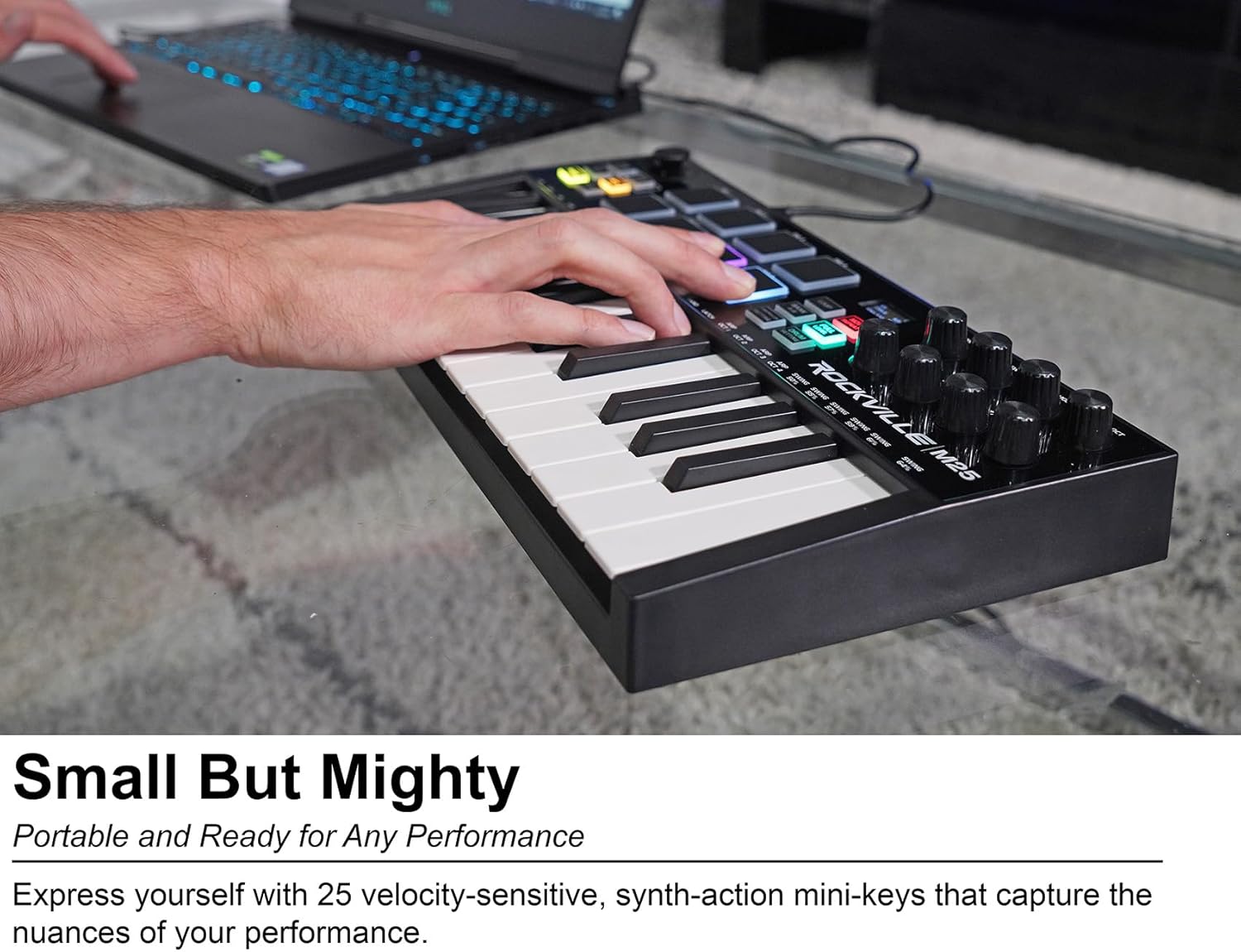 Rockville M25 BLACK 25 Key USB Wireless MIDI Keyboard Controller, Bluetooth, 8 Pads and Knobs, Joystick, Arpeggiator, Compact, for Music Production