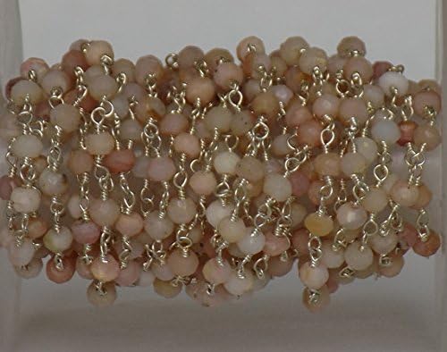 5 Feet Natural Pink Opal Shaded Beaded Chain - Silver Plated Wire Wrapped Chain - Faceted Rosary Beaded 3-4mm