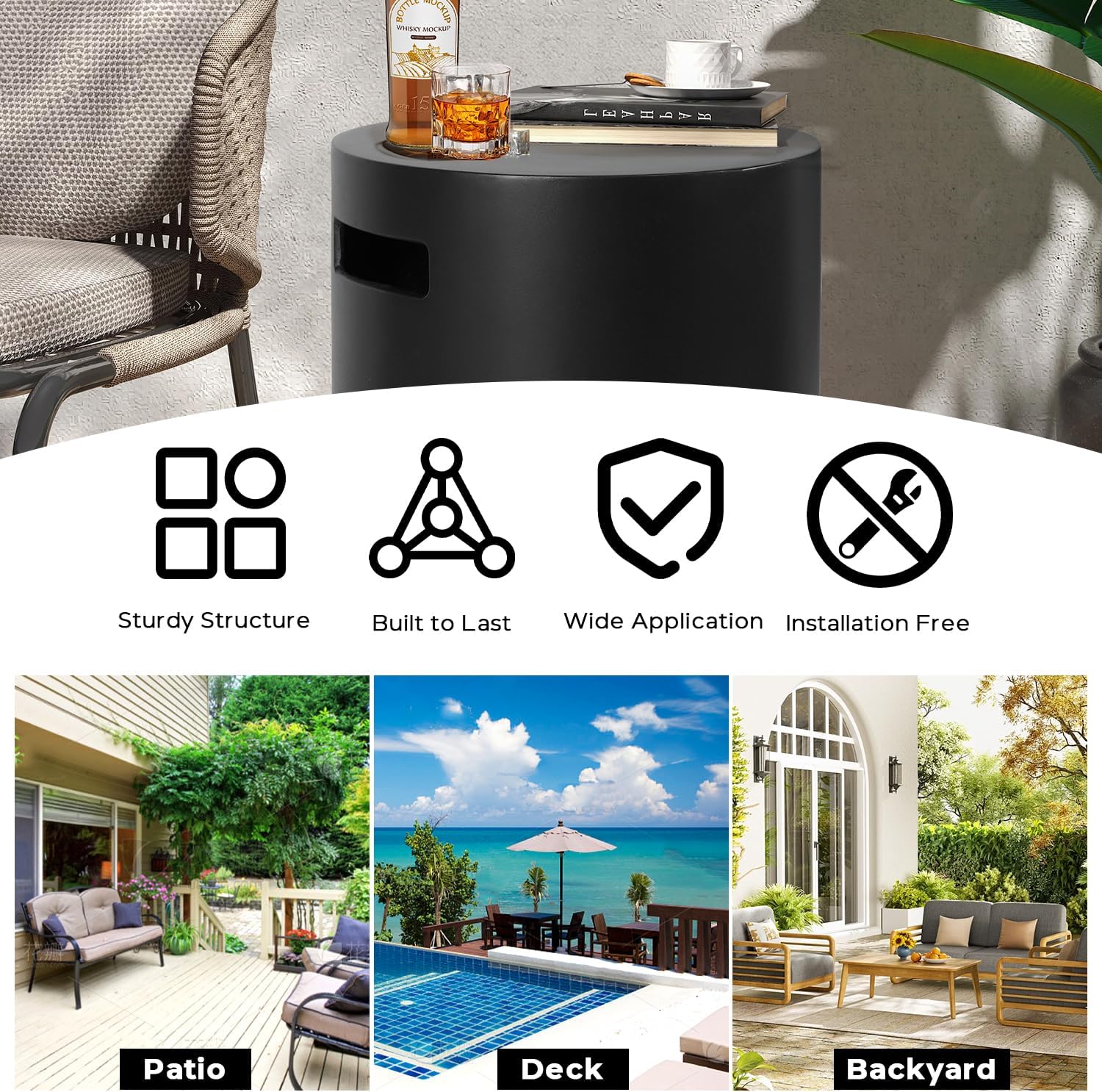 Propane Tank Cover Table Set of 2, Round Concrete Tank Storage Box 20 LB Modern Outdoor Propane Tank Covers Tables Hideaway Table for Gas Fire Pit, Tank Holder with Handles (Black)