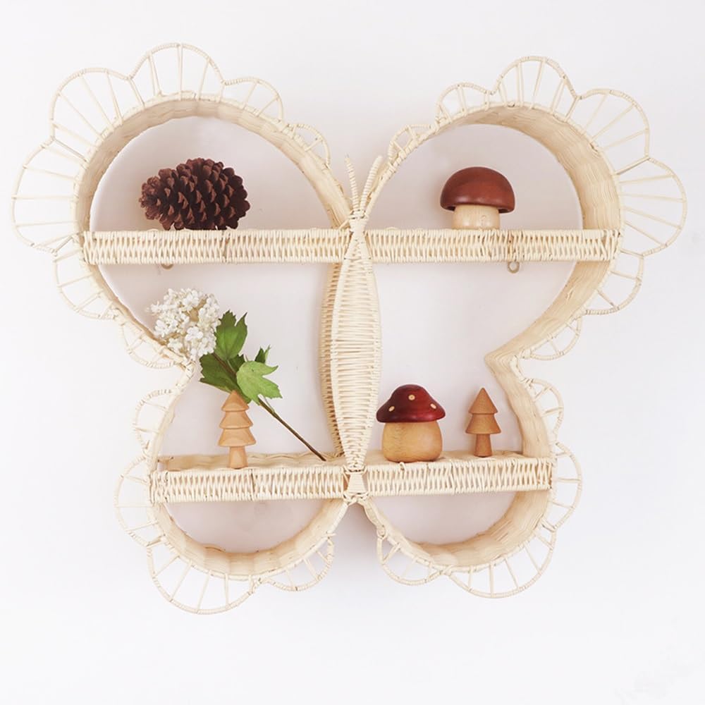 Natural Rattan Floating Shelves, Papillon Shape Book Shelf, Wicker Floating Shelves for Wall, Multi-Purpose Shelves for Living Room, Bedroom, Study(Natural)