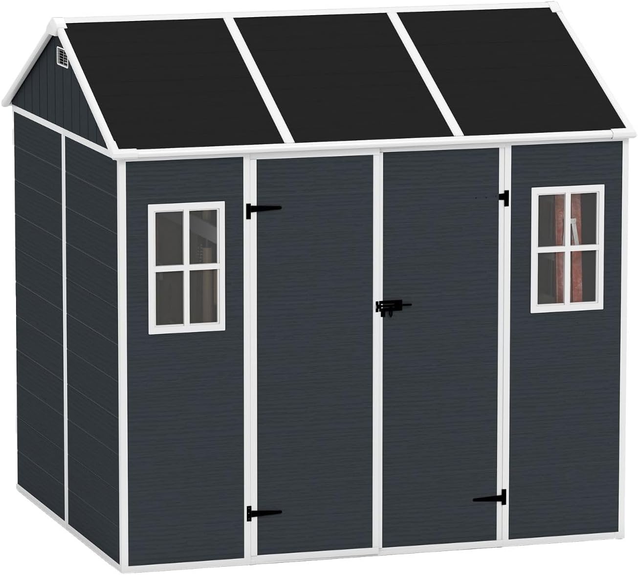 8x7FT Outdoor Storage Shed with Double Doors & Windows, Waterproof Resin Garden Shed with Floor, UV Protection, Yard Utility Tool Shed for Lawn Equipment, Bikes & Pet House