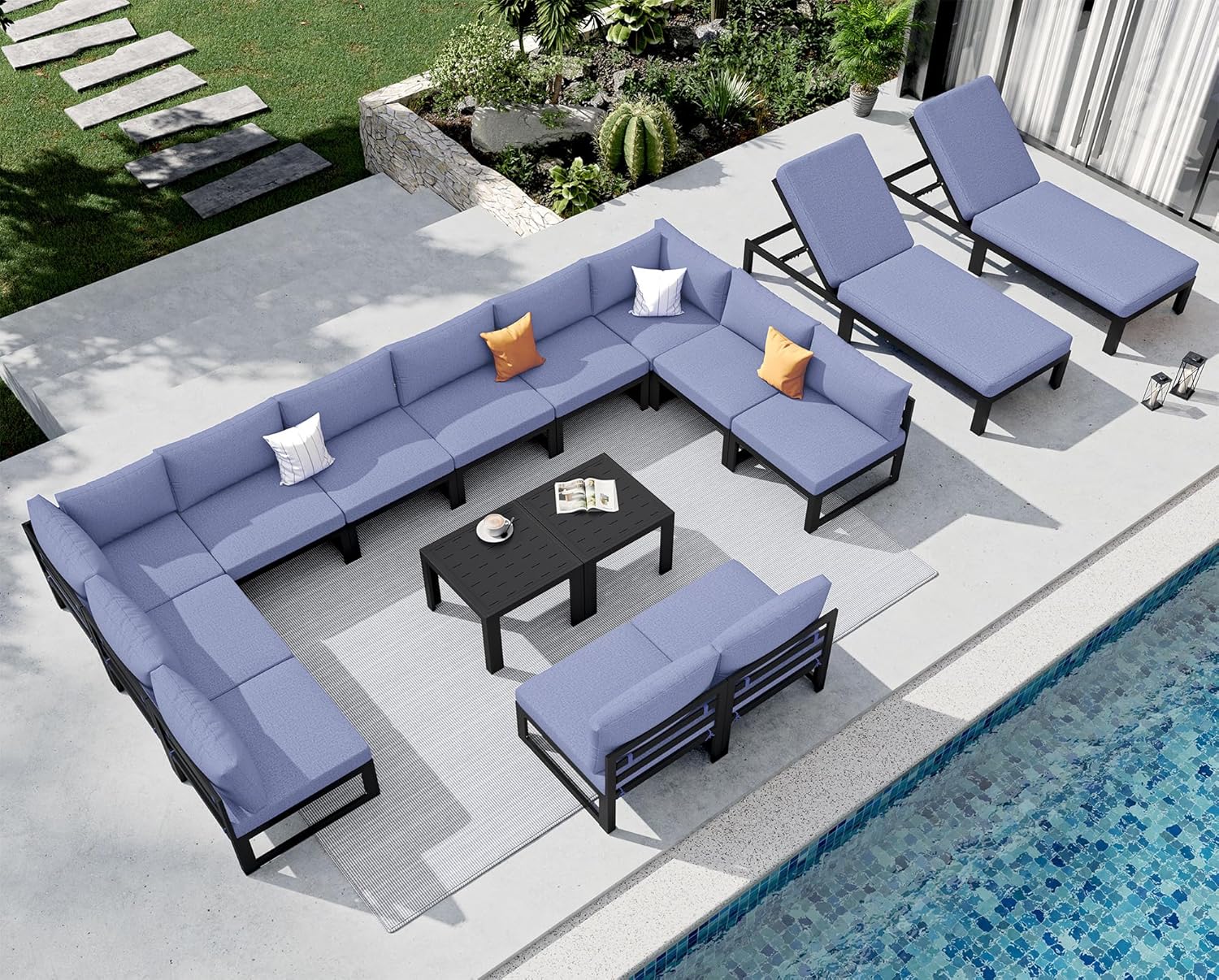 NICESOUL 16 Pcs Aluminum Patio Furniture Set for Large Groups, 500lbs Heavy Duty Outdoor Sectional Sofa with Chaise & Coffee Table, 29