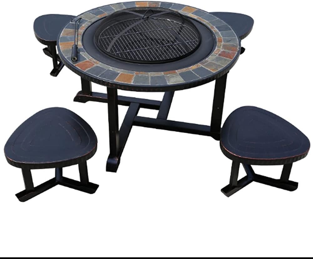 Outdoor Charcoal cast Iron Marble Round fire Pit Table Full Set of Tables and Chairs one Table Dual Purpose Multifunctional Easy-to-Clean Barbecue Stove