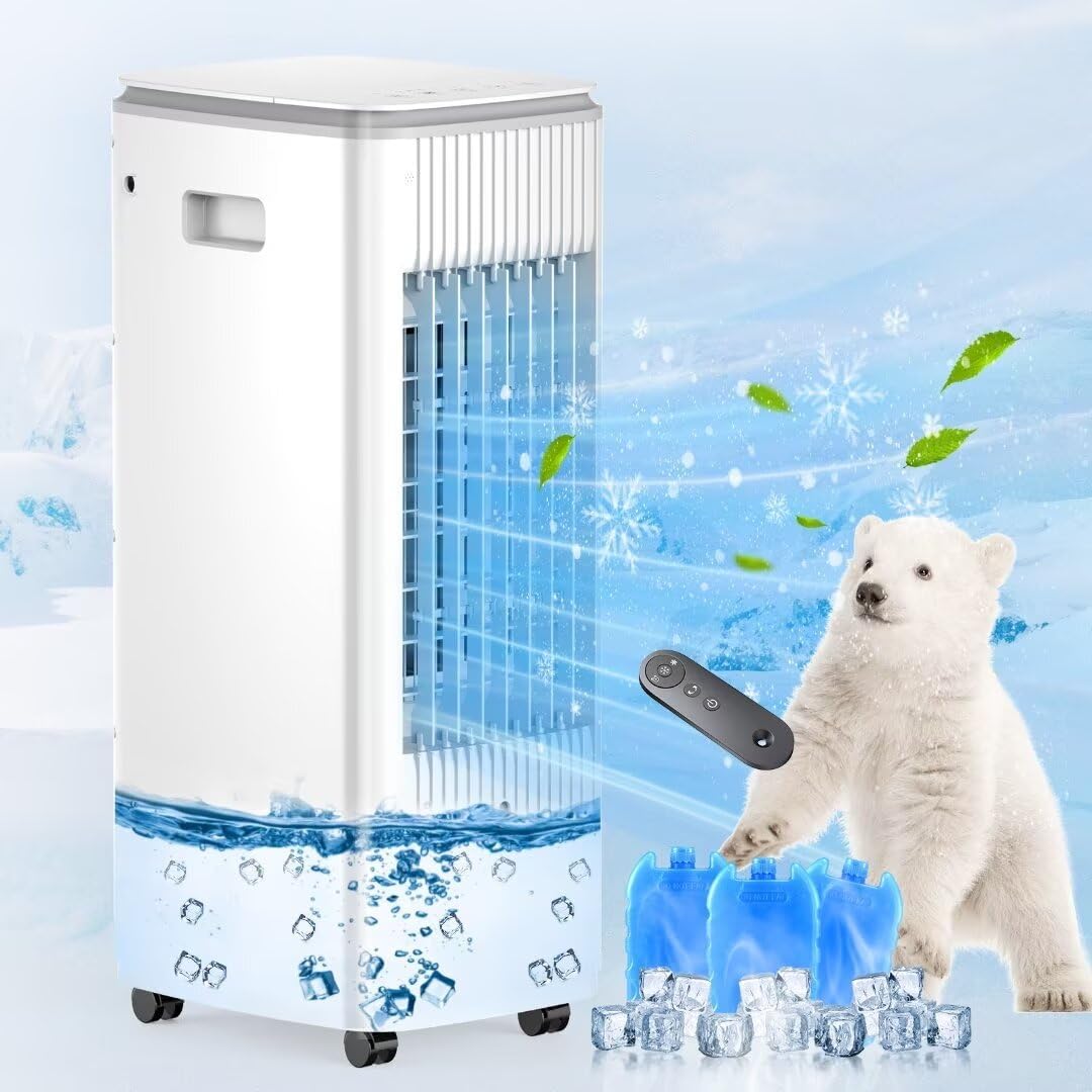 Portable Air Conditioner Evaporative Cooler Ac Unit,BEBEGINE Swamp Cooling Fan Without Hose,3-IN-1 Windowless Ventless Humidifier for Room Offices,Remote,3 Speed,Water Tank,3 Ice Pack Large