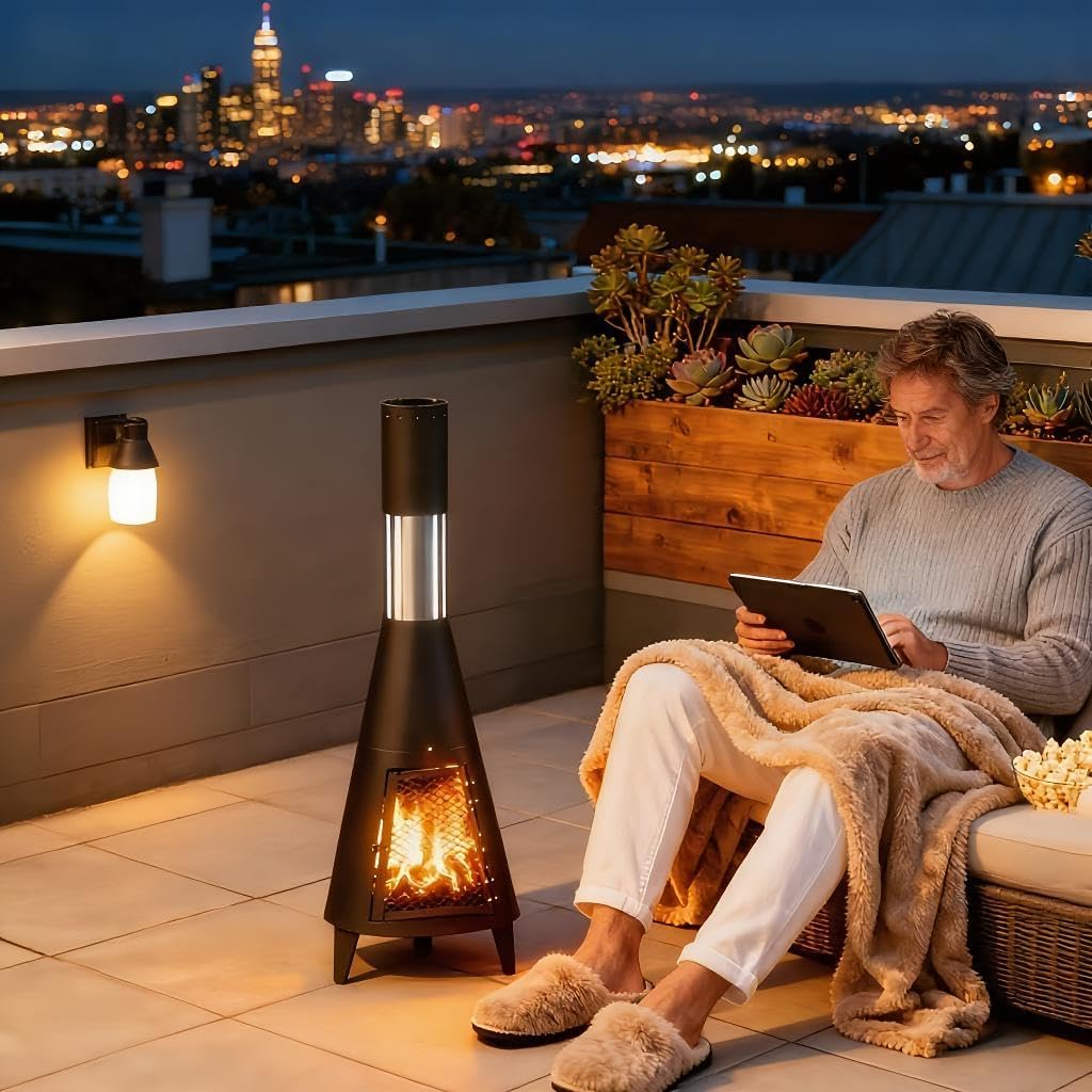 Chiminea Outdoor Fireplace, Portable Fireplace Chimenea with Mat and Poker. Wood Burning Fire Pit for Patio Garden Camping Heating and Ambiance