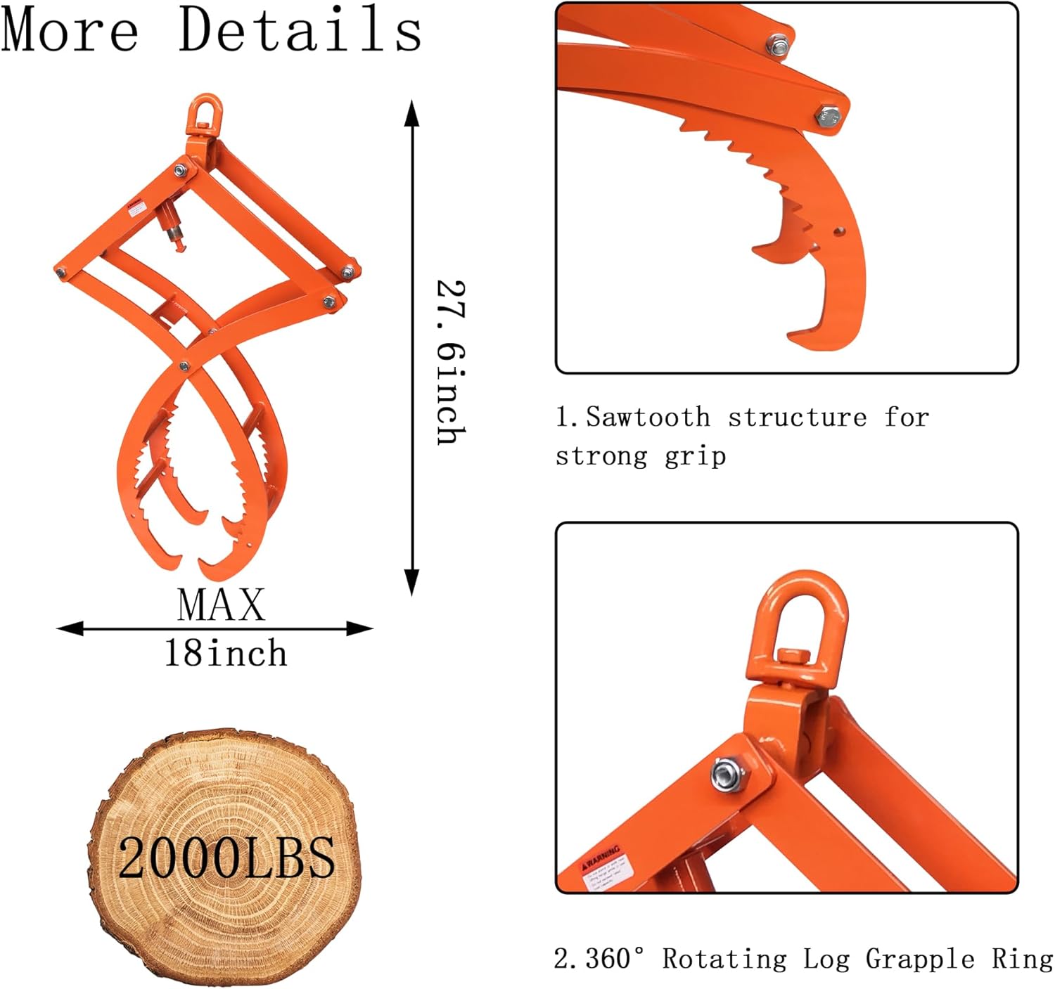 18 inch Automatic Log Lifting Tongs, Upgraded Auto-Grip/Release Heavy-Duty 4 Claw Log & Rock Tongs, Timber Claw Hooks Tools for Dragging & Lifting Logs Used as Tractor, ATVs and Trucks Accessories