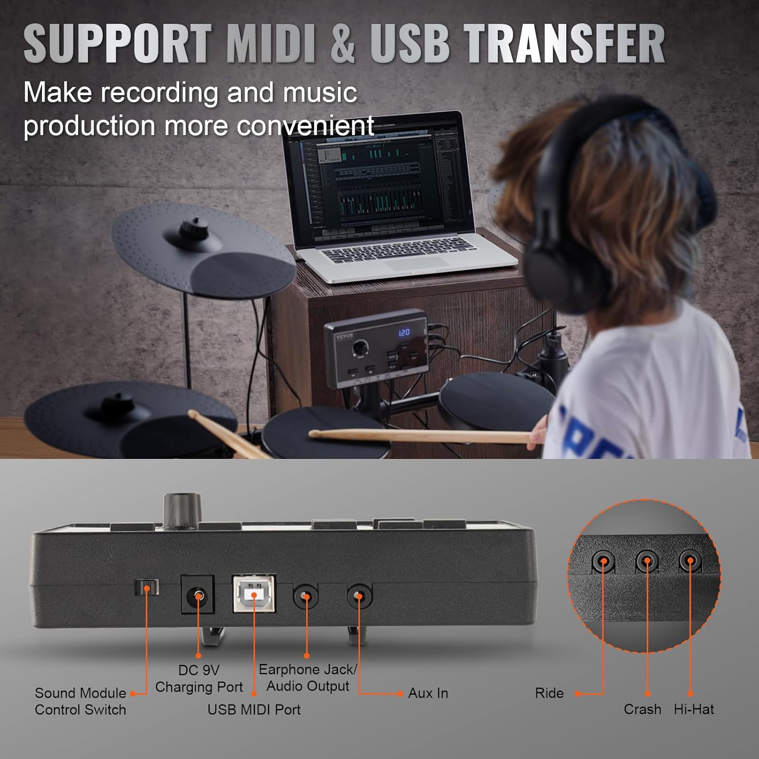 VEVOR Electric Drum Set, 15 Drum Kits & 150 Sounds Electronic Drum Kit, USB MIDI Supported 6.5 in Quiet Mesh Snare Electric Drum Set with 10 in Cymbals Drum Sticks & Headphone, for Beginners & Adults