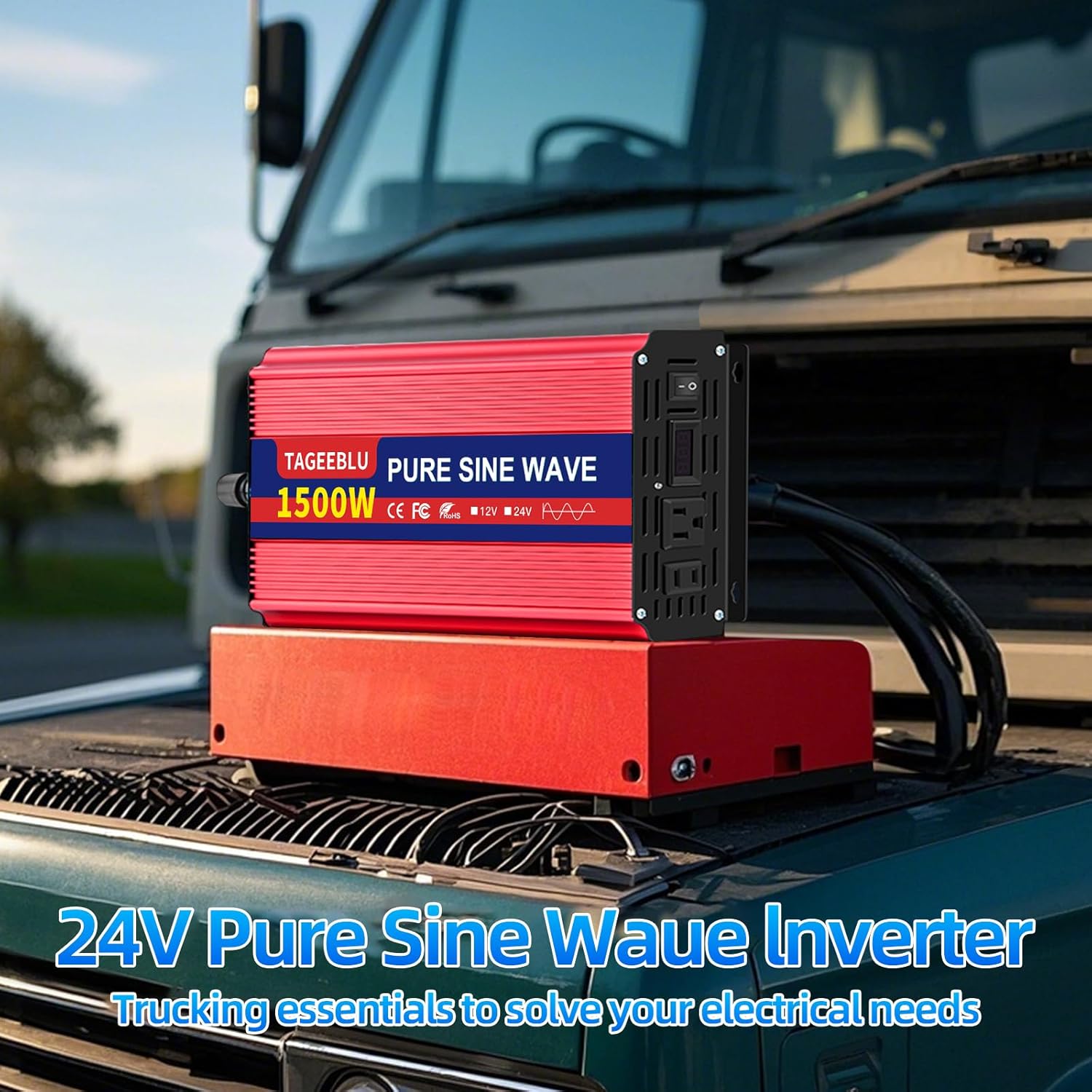 1500W 24V Pure Sine Wave Inverter, 24V DC to 110V/120V AC Power Inverter for RV、Off Grid、Truck、Power Outage with 2 AC outlets and LCD Display