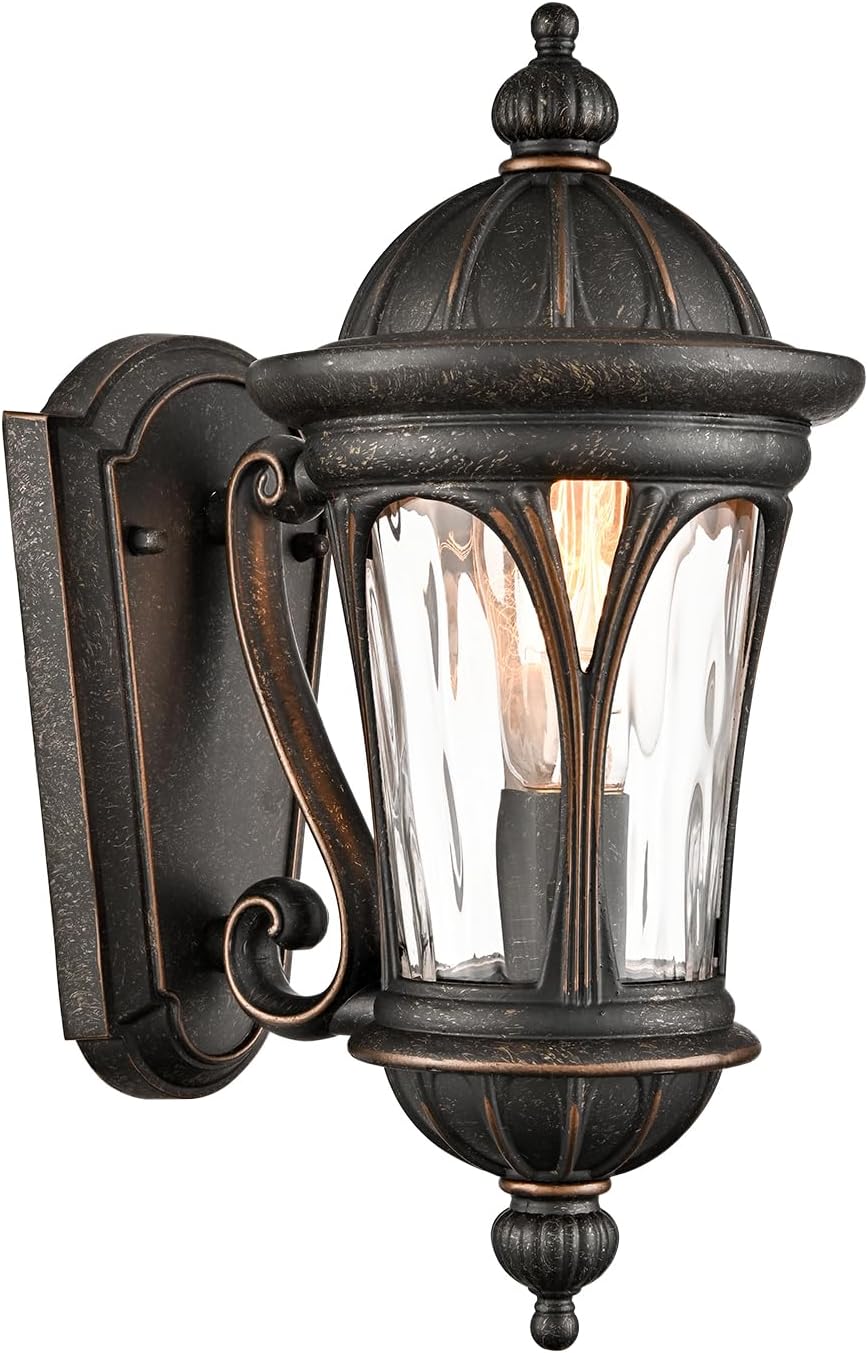Outdoor Wall Light Fixture, Vintage Black Brown Exterior Wall Sconce with Water Ripple Glass, E26 Base Waterproof IP54 Wall Lamp for Front Door, Garage, Garden, Patio