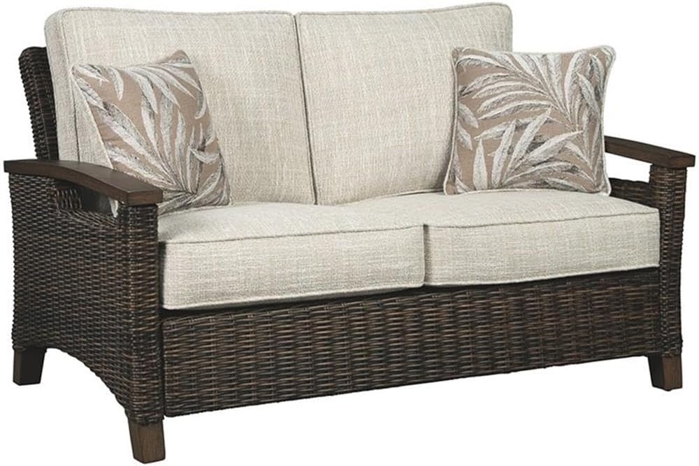 Home Square Set of 2 Patio Round Fire Pit Table and Loveseat in Medium Brown