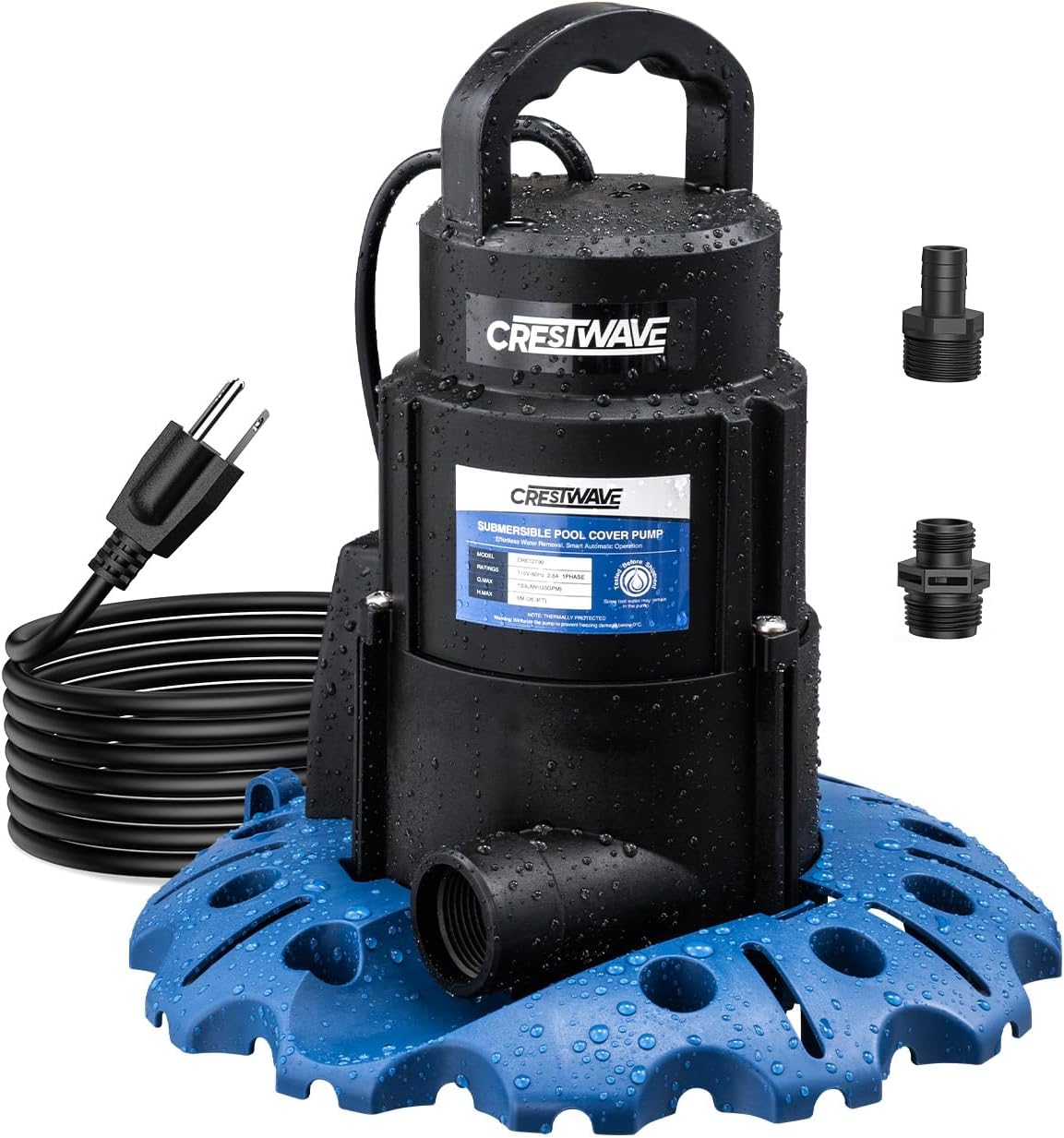 CrestWave 1/3HP Pool Cover Pump Automatic On Off Submersible Sump Pump 2900GPH Fast Draining for Pool Hot Tubs Flooded Rooftops Basements w/Dual Filter Bases, 3/4'' GHT Adapters, 25ft UL Cord & Rope