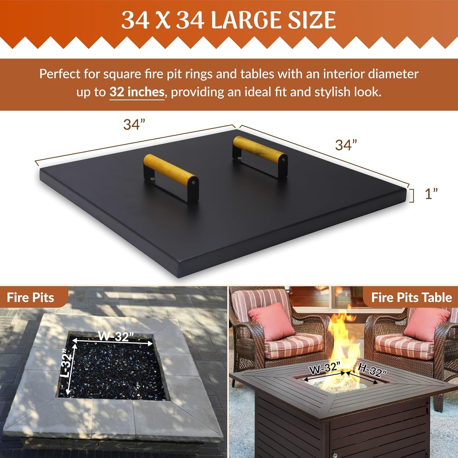 FEBTECH- Fire Pit Insert Square lid - 34 x 34 Inch - Linear Drop-in Burner Pan - Fire Pit Square lid - FirePit Table Lid, Compatible for Firepit & Firepit Table Inside Dia Up to 32