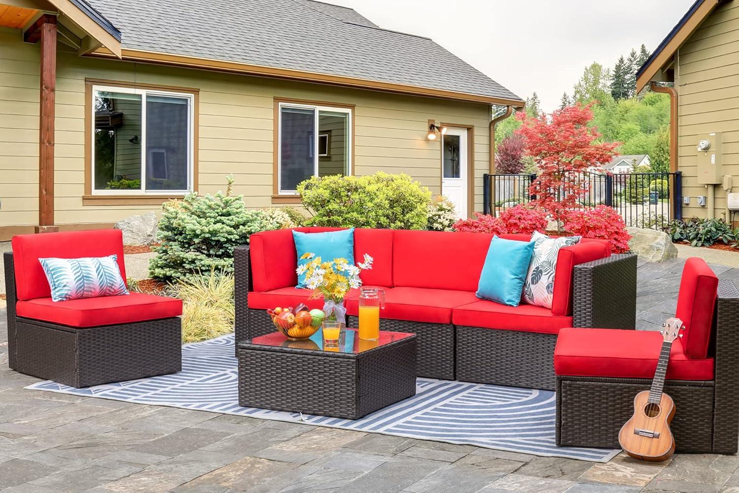 Vongrasig 6 Piece Small Patio Furniture Sets, Outdoor Sectional Sofa All Weather PE Wicker Patio Sofa Couch Garden Backyard Conversation Set with Glass Table,Red Cushions and Blue Pillows (Red)