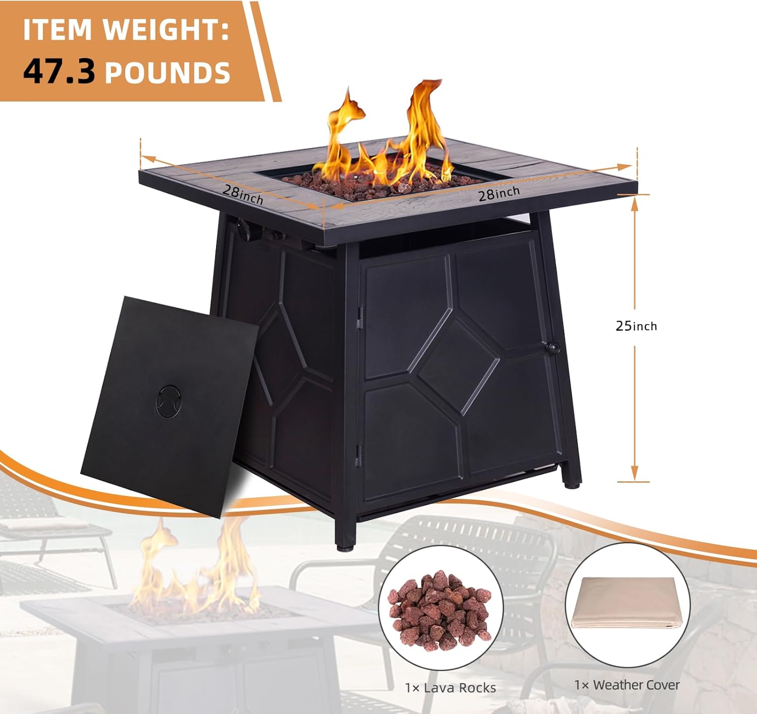 40,000 BTU Steel Propane Gas Fire Pit Table with Steel lid, Weather Cover