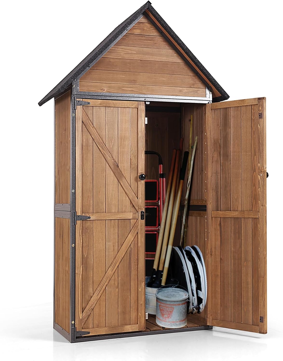 GUTINNEEN Sheds Outdoor Storage Wooden Garden Tool Shed with Metal Frame Sloped Roof and Adjustable 3 Tiers Shelves Outdoor Storage Cabinet for Backyard Garden Patio Lawn 67.1