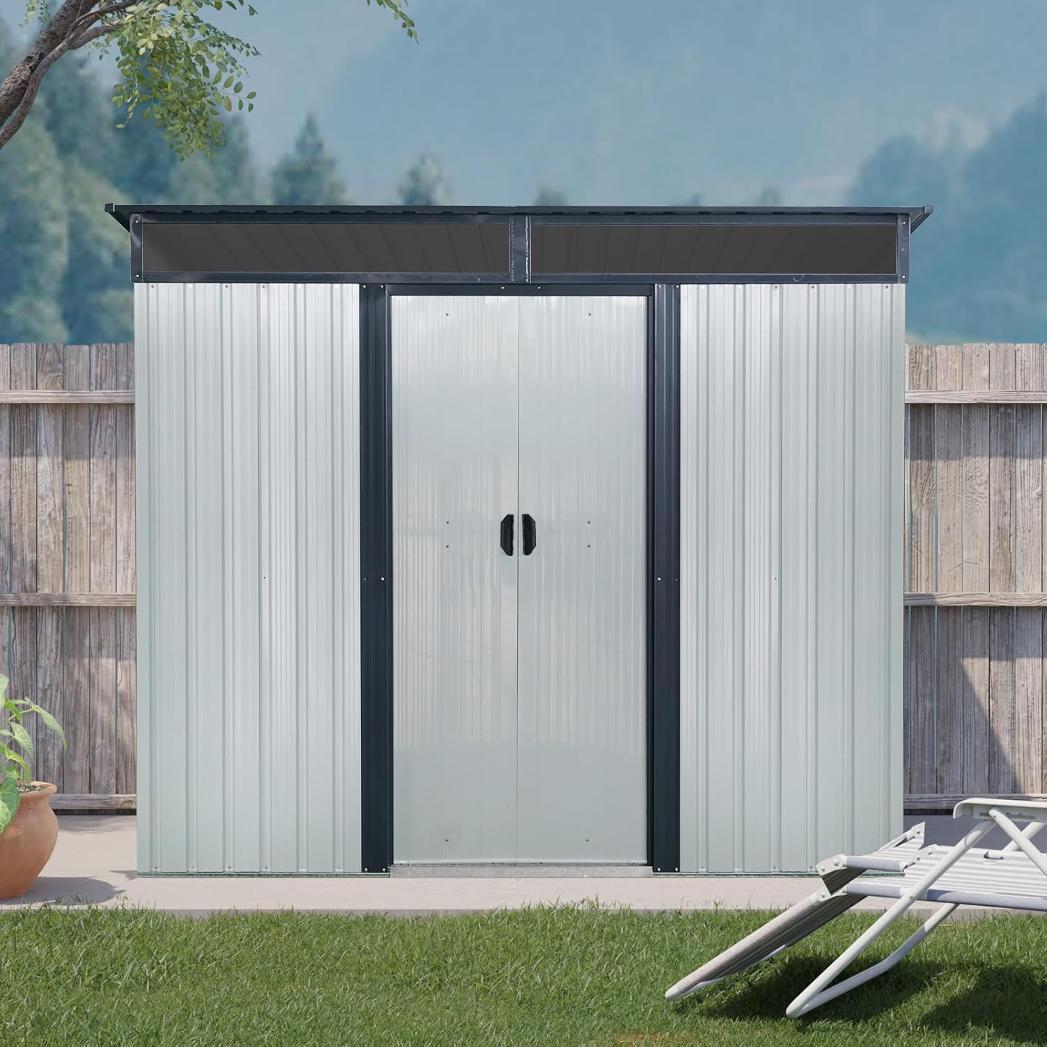 6x8 FT Outdoor Storage Shed, Metal Garden Shed with Frame Floor, Outside Tool Shed with Lockable Sliding Doors, Waterproof Storage Building with Sloped Roof & Air Vent for Backyard, Patio, White+Black