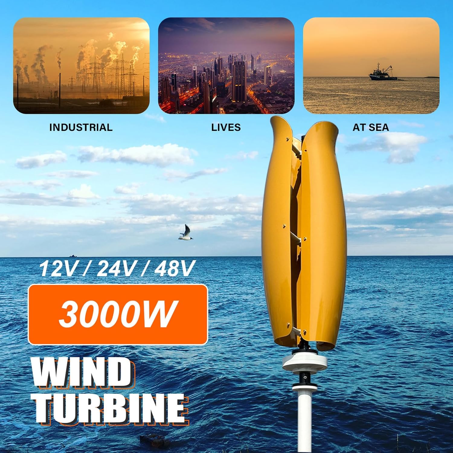 3000W Wind Power Turbine Generator Kit with MPPT Controller 12V / 24V / 48V Vertical Wind Maglev Generator, 1.2m/s Low Starting Wind Speed for Marine Highway Home Charging,Yellow,3000W24V