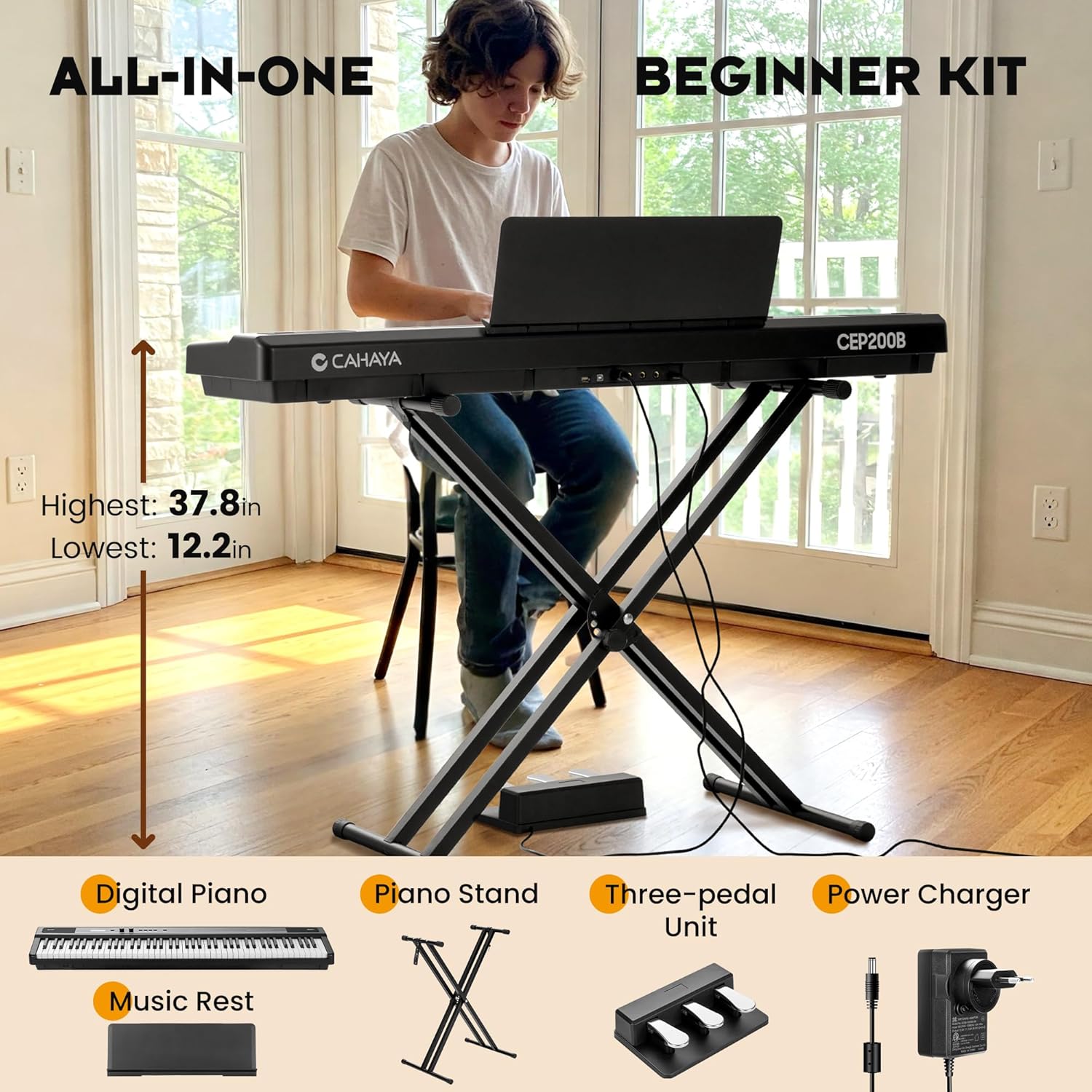 CAHAYA 88-Key Digital Piano Keyboard - Semi Weighted Electric Piano for Beginners with Double X-shaped Stand 3 Pedals and a Sheet Music Holder