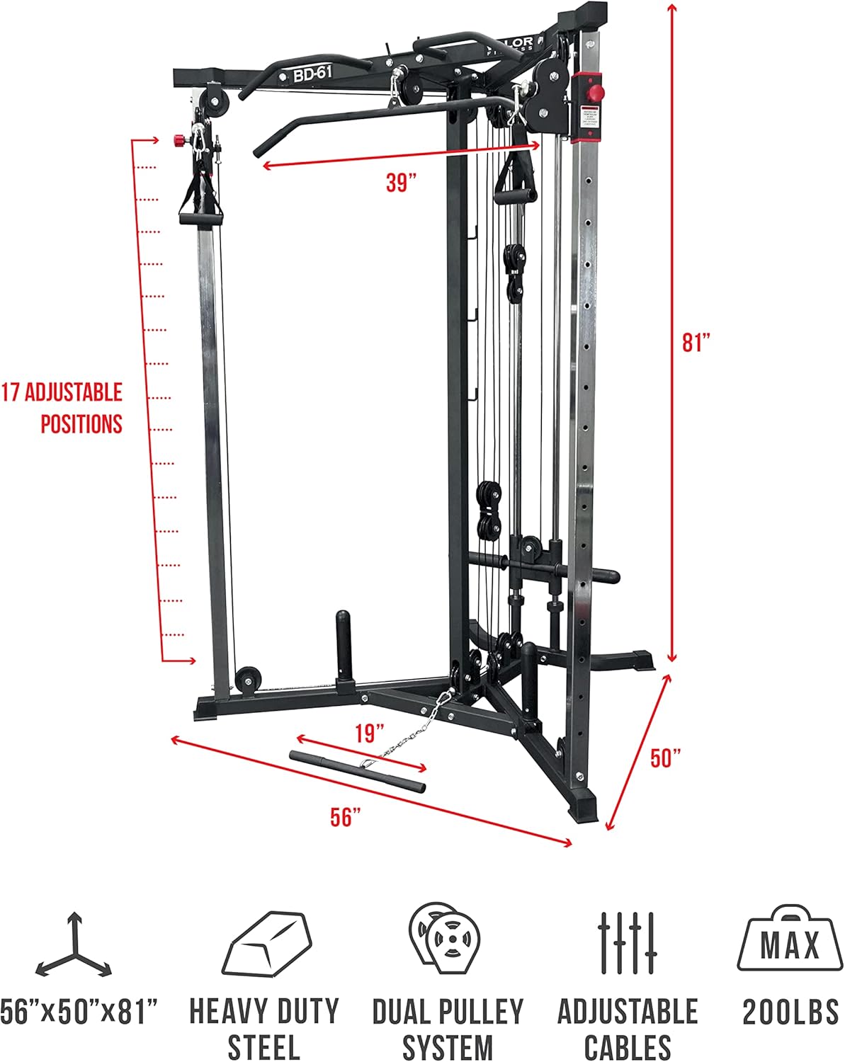 Valor Fitness Cable Crossover Machine - 17 Adjustable Positions with Pull Up Bars and Optional Bundle Attachments Max Weight 200 lb. Plate Loaded Pulley System for Home Gym Power Workout