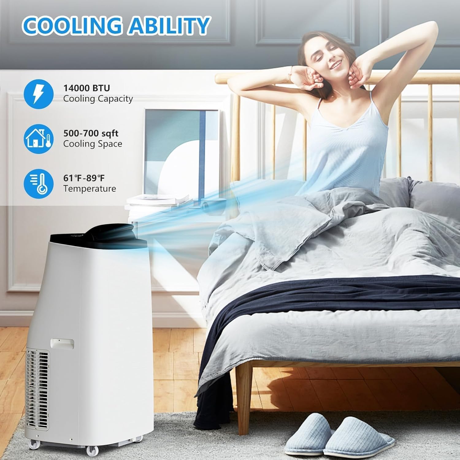 14000 BTU Portable Air Conditioner,3-in-1 Cooling Unit With Fan,Fehumidifier, And Refrigeration Functions, Featuring 3 Speed Settings, Energy Efficiency, Low Noise Operation, and Timer.