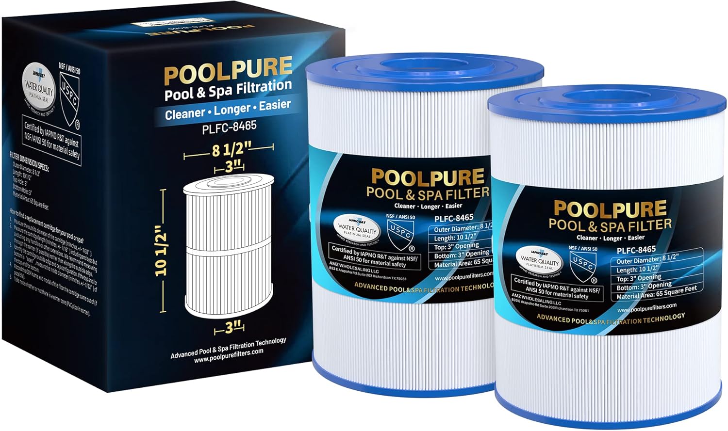 POOLPURE C-8465 Spa Filter Replaces Watkins 31114, Pleatco PWK65, Filbur FC-3960, 71827, 71828, Watkins 65 sq.ft Tiger River Spa Filter 2 Pack